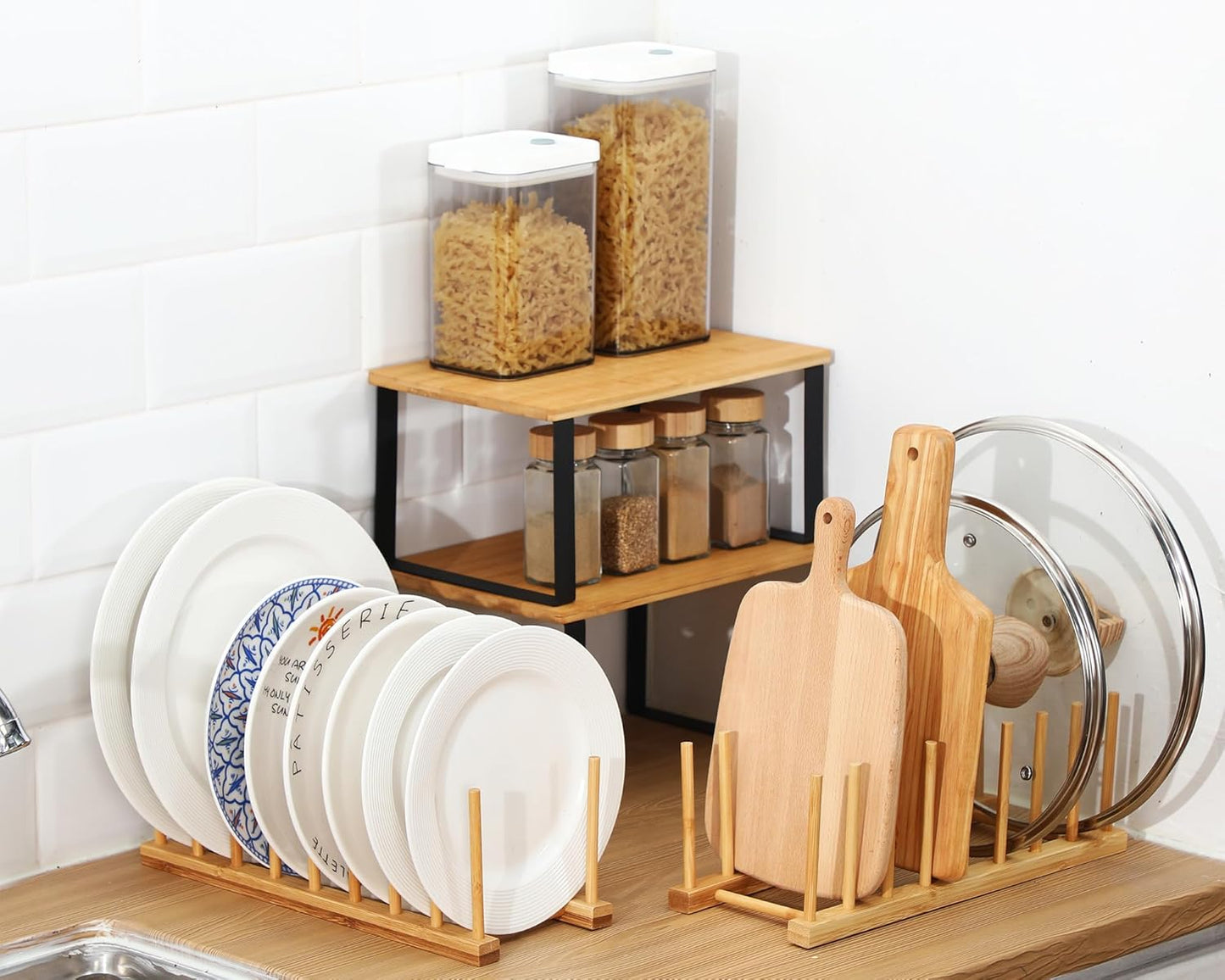 Marsui 4 Pcs Kitchen Organizer Accessories Set Cabinet Organizer Shelf and Bamboo Dish Drying Plate Rack Counter Shelves Storage Holder for Spice Rack, Dish, Pot Lid, Bowl, Cup(Light Color)