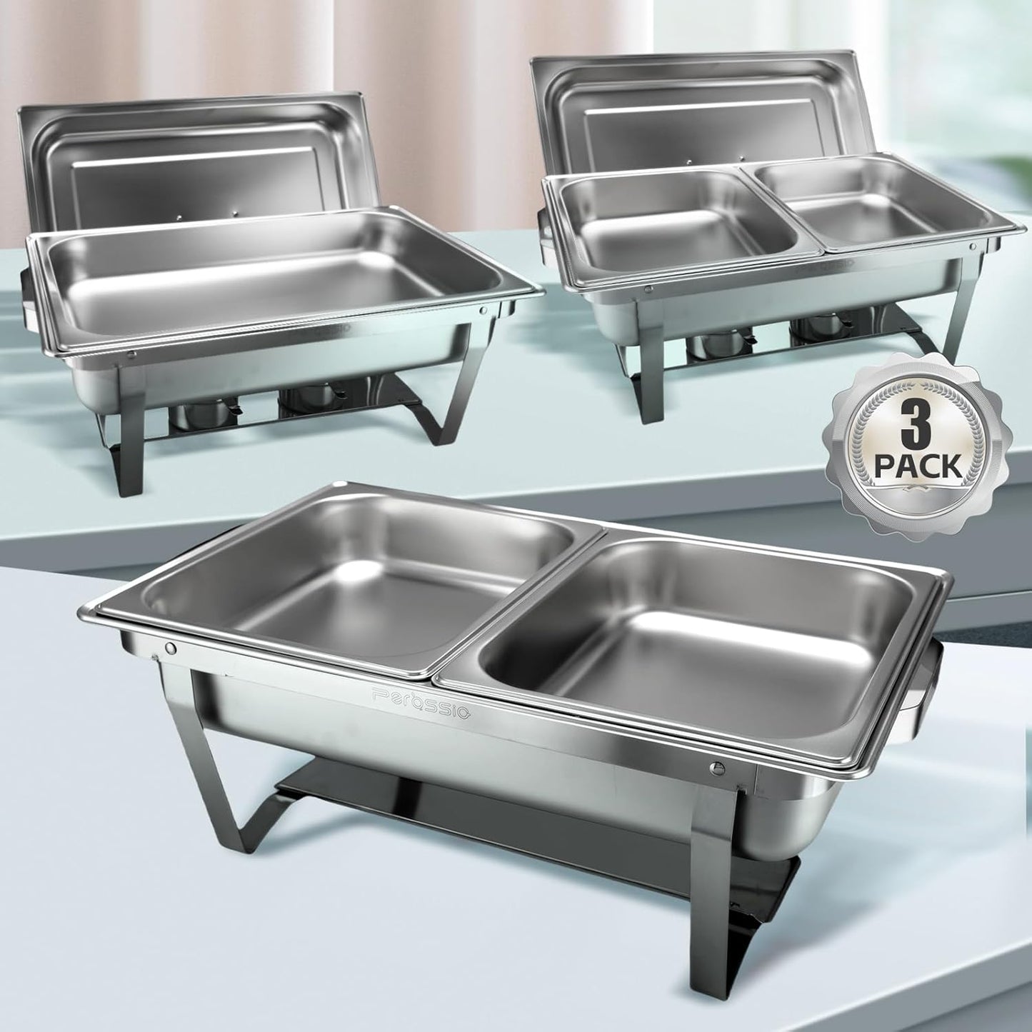 3 Packs Chafing Dish Buffet Set 8QT Stainless Steel with Full Size and 1/2 Size Pans Portable Serve Food Warmer for Catering Parties Wedding Graduation Commercial Events, 5 Pans