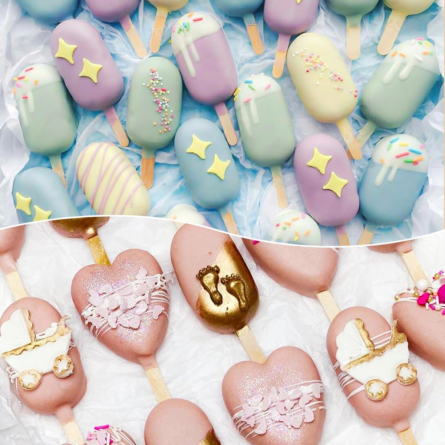 Juome Cake Pop Mold Kit, 2 Pack 8 Cavities Cakesicle Molds Silicone with 100 Wooden Sticks & 100 Packaging Bags with Ties, Cake Pop Maker Supplies Accessories, Baking Tools for Home Baking Desserts