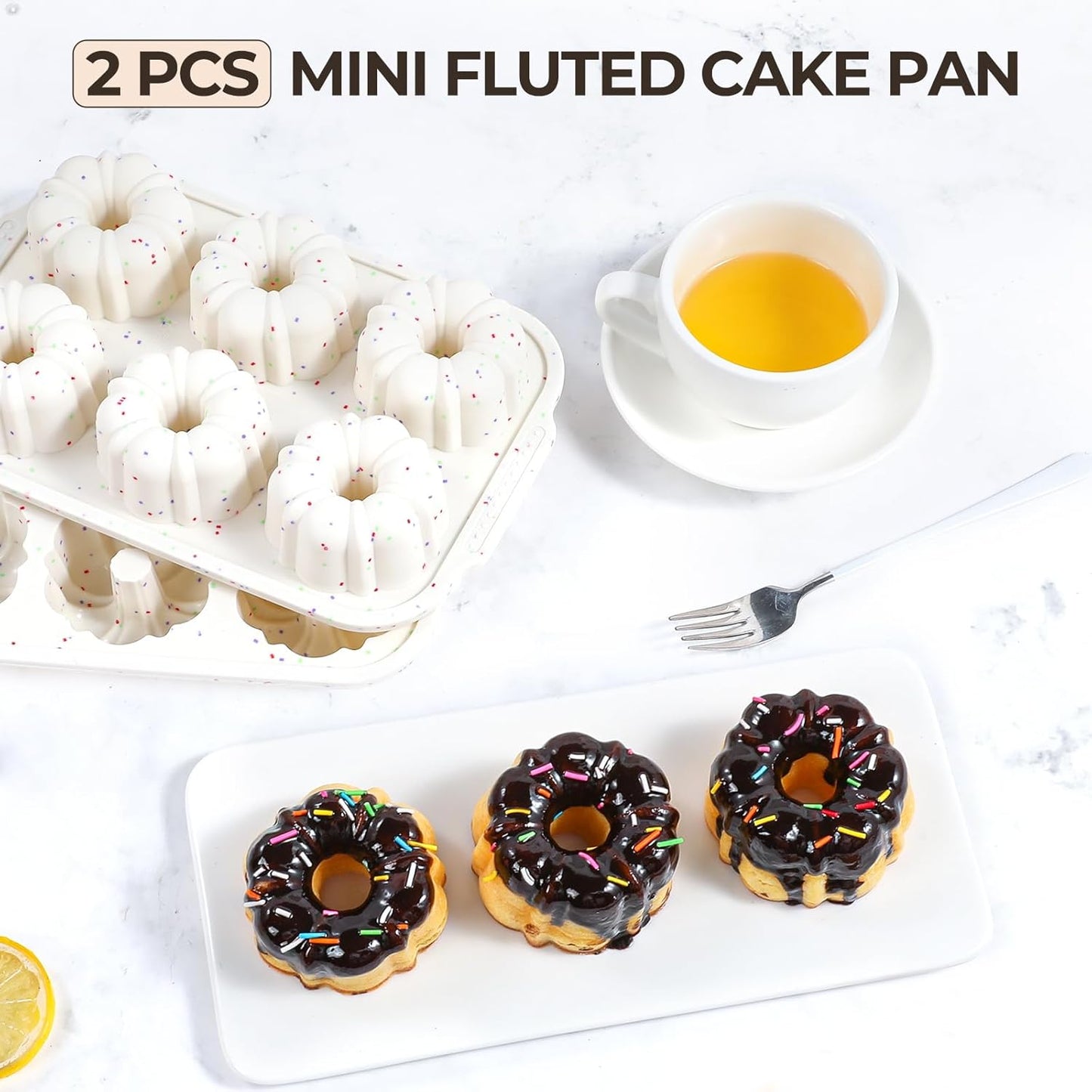 Mini Bundt Cake Pans for Baking, 2Pcs Silicone 6-Cavity Fluted Tube Cake Pan with Metal Reinforced Frame, Nonstick Baking Molds for Cupcake, Brownie, Donuts, Cornbread, Jello