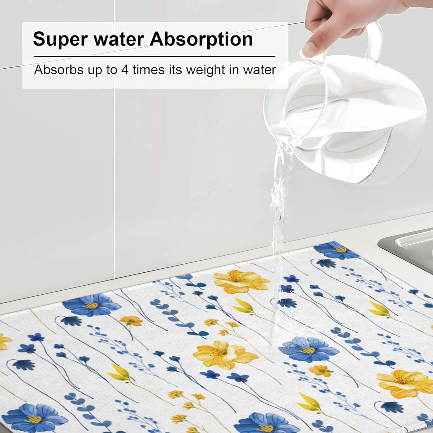 Watercolor Floral Decorative Microfiber Dish Drying Mat for Kitchen Counter 18"x24" Navy Blue Yellow Flower Dishes Pad Dish Drainer Rack Mats Absorbent Washable Reusable