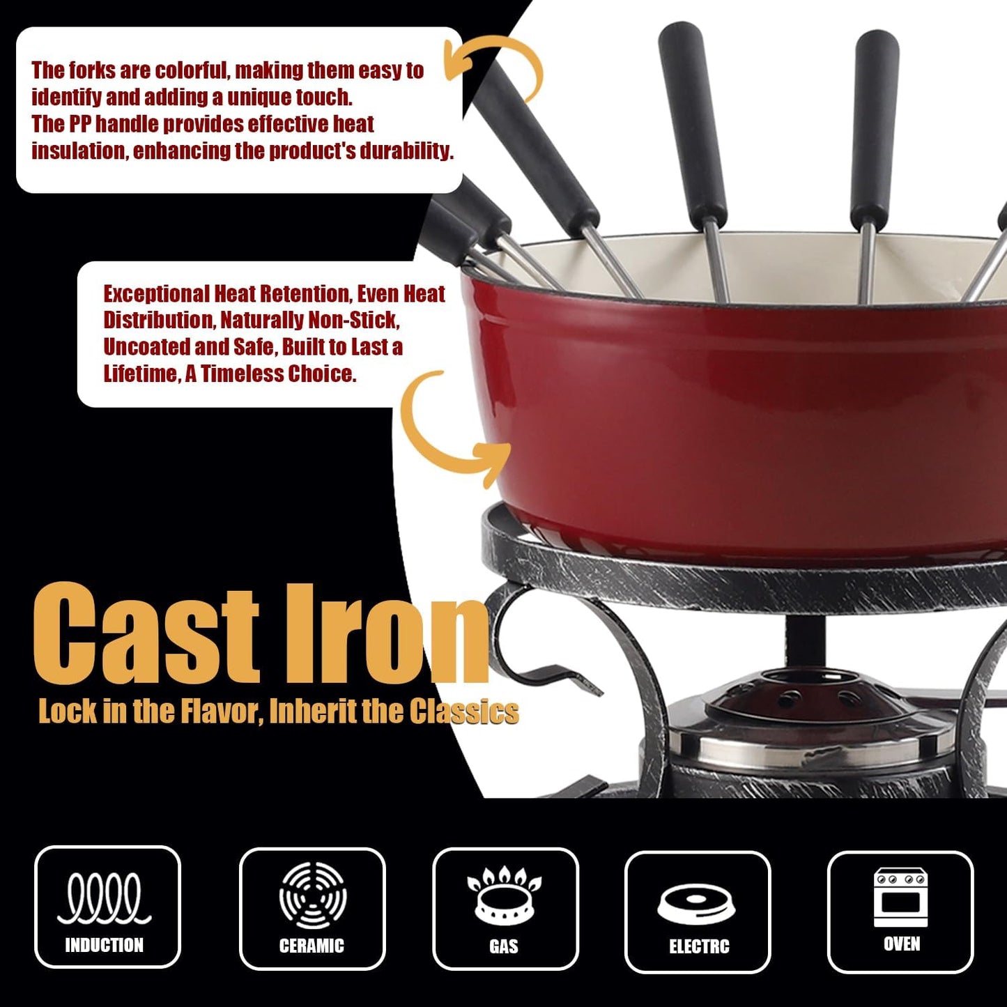 Artestia Cast Iron Swiss Fondue Set – Swiss Traditional 2L Cheese & Chocolate Fondue Pot for 4-6 People – Ideal for Melting Cheese, Chocolates, Caramel, & More, Red
