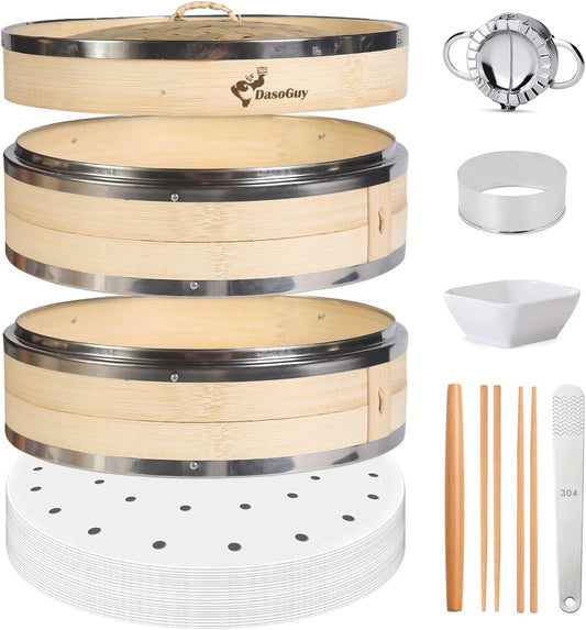 Bamboo Steamer Basket, Stainless Steel Reinforced Rim, 12-Inch 2-Tier Steamer for Cooking, 50 Liners Chopsticks Sauce Dish Dumpling Makers, Steaming Asian Food Bao Buns Dim Sum Rice Veggies Steam Pot