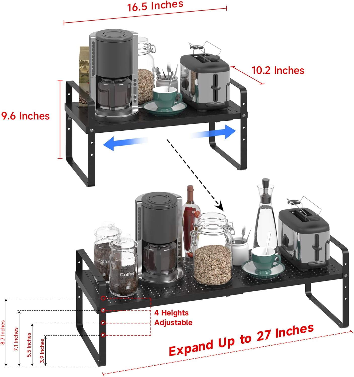 Expandable Cabinet Shelf Organizer Adjustable Metal Spice Rack Stackable Freestanding Counter Storage Shelves for Kitchen Cabinet Under Sink Office Desk (Black - 2Pack - L16.5-27'' * W10.2'' * H9.6'')
