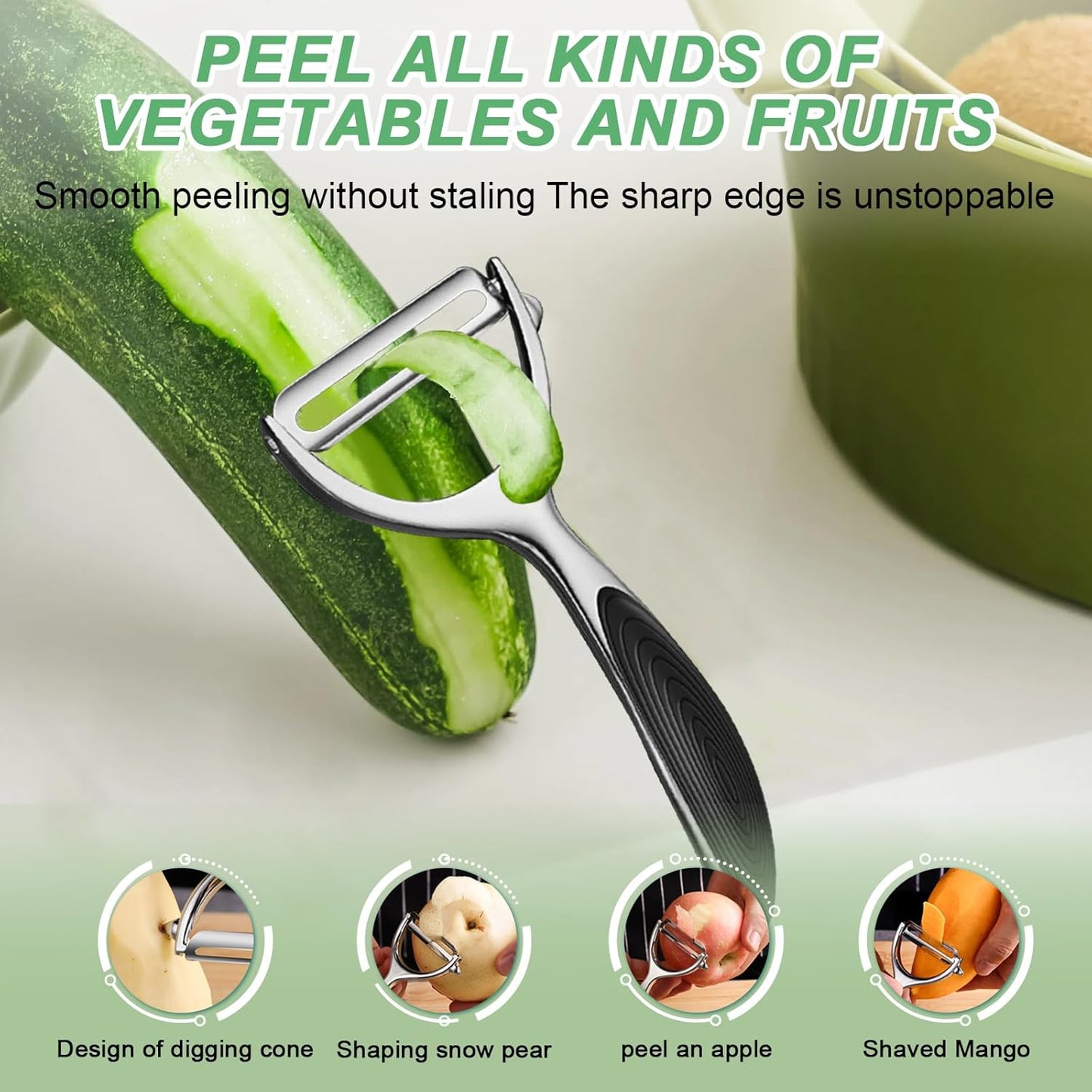 Vegetable Peeler - Stainless Steel Ultra Sharp Shape Potato Peelers, Non-Slip Soft Grip Handle, Y and I Effortless Carrot & Fruit Peeling 5-in-1 Peeler Set