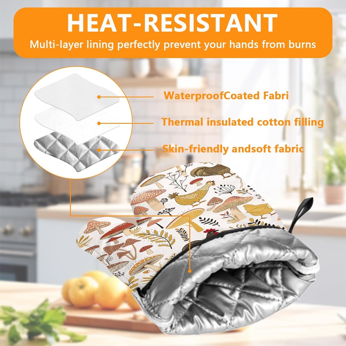 Rooster Oven Mitts and Pot Holders Sets 4Pcs,Extra Long Oven Gloves Potholder for Kitchen Cooking Baking BBQ 100% Cotton Heat Resistant