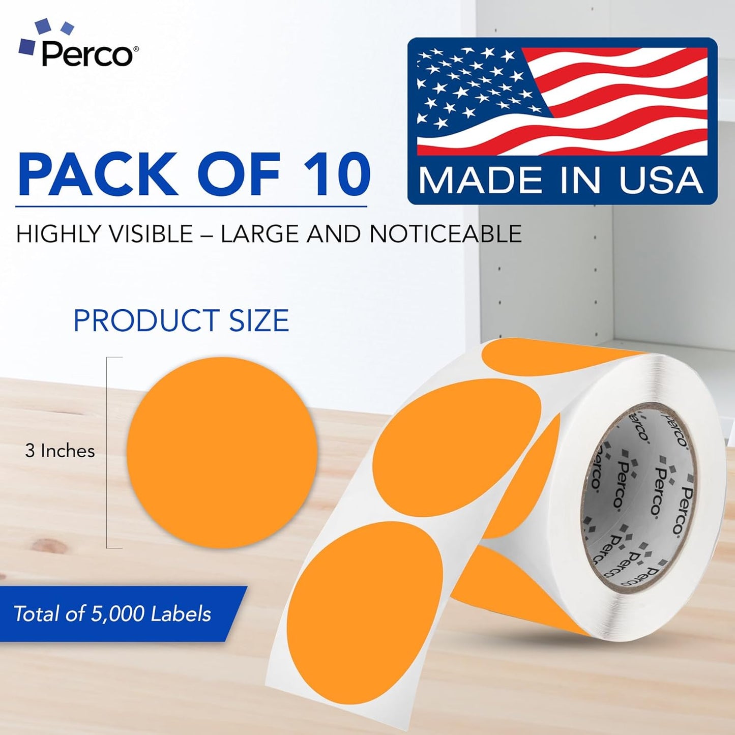 Perco Fluorescent Orange 3-Inch Perforated Circle Dot Sticker Labels — 10 Rolls, 5,000 Round Stickers — with Permanent Adhesive for Moving Boxes, Sale Signage, Displays, Status Messaging—Made in USA