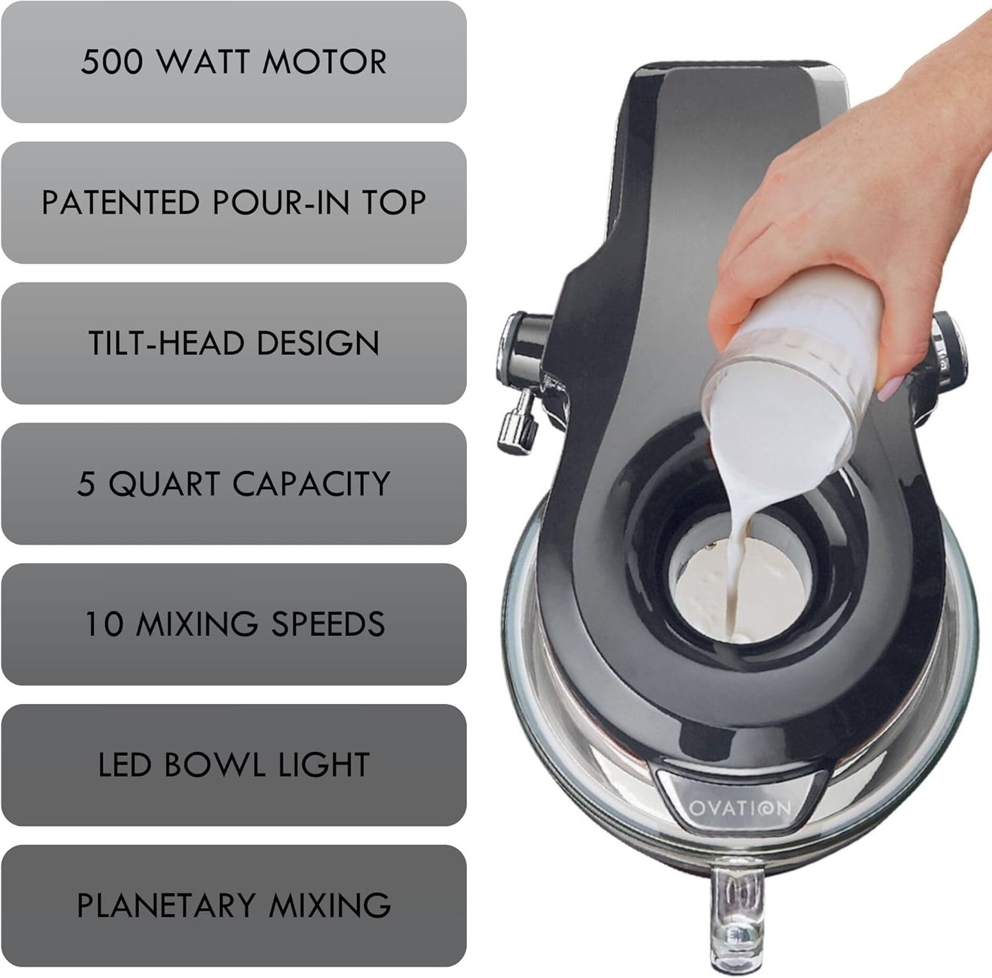 Kenmore 500W Oviation Stand Mixer - 10 Speed Mixing, Tilt-Head, Handheld Glass Bowl With Pouring Top Splash Guard, Flat Beater, Whisk, Dough Hook Attachments Countertop Kitchen Appliance, 5QT Grey