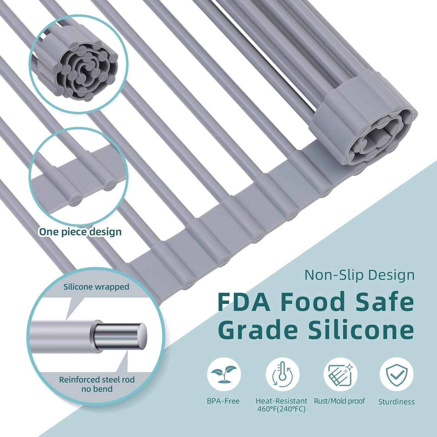 Ohuhu Roll Up Dish Drying Rack, Over The Sink Multipurpose Roll-Up Dish Racks, 16.5" W x 13" L Rolling Heat-Resistant Anti-Slip Silicone Coated Dish Drainer Portable Foldable for Kitchen Counter