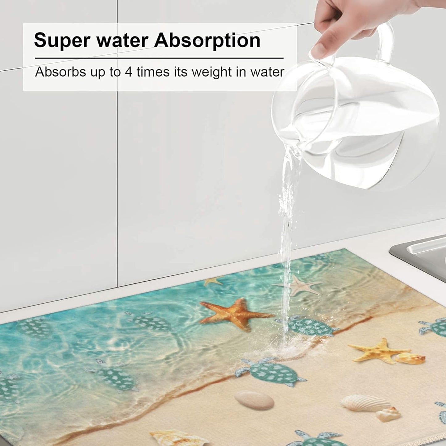 Sea Turtles Beach Dish Drying Mat for Kitchen Counter Cute Drying Pad 18x24 Inch Teal Nautical Decor Absorbent Reversible Dish Drainer Rack Mats