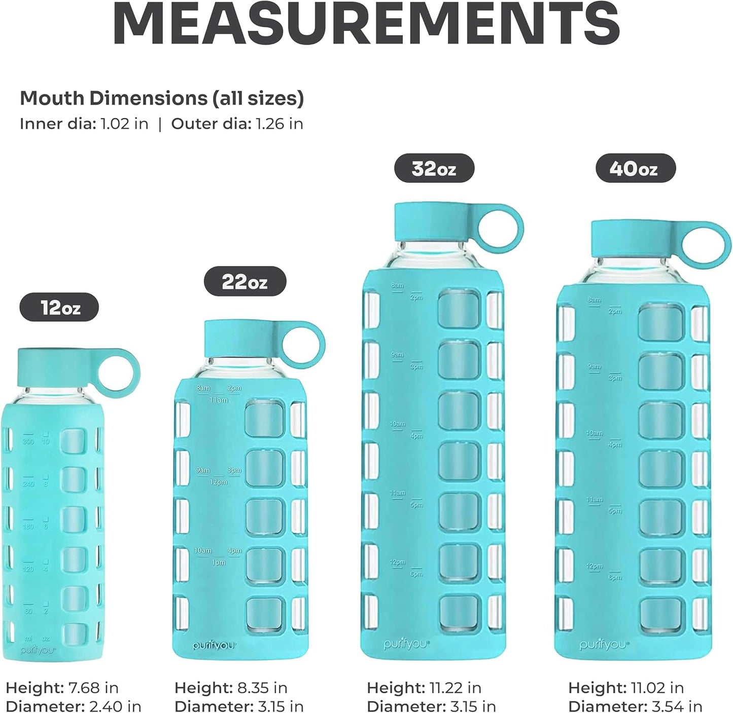 purifyou 40oz / 32oz / 22oz / 12oz Borosilicate Glass Water Bottle with Time & Volume Markers, Silicone Sleeve, Stainless Steel Lid – Reusable Glass Bottle for Water & Juice (32oz Aqua Blue)
