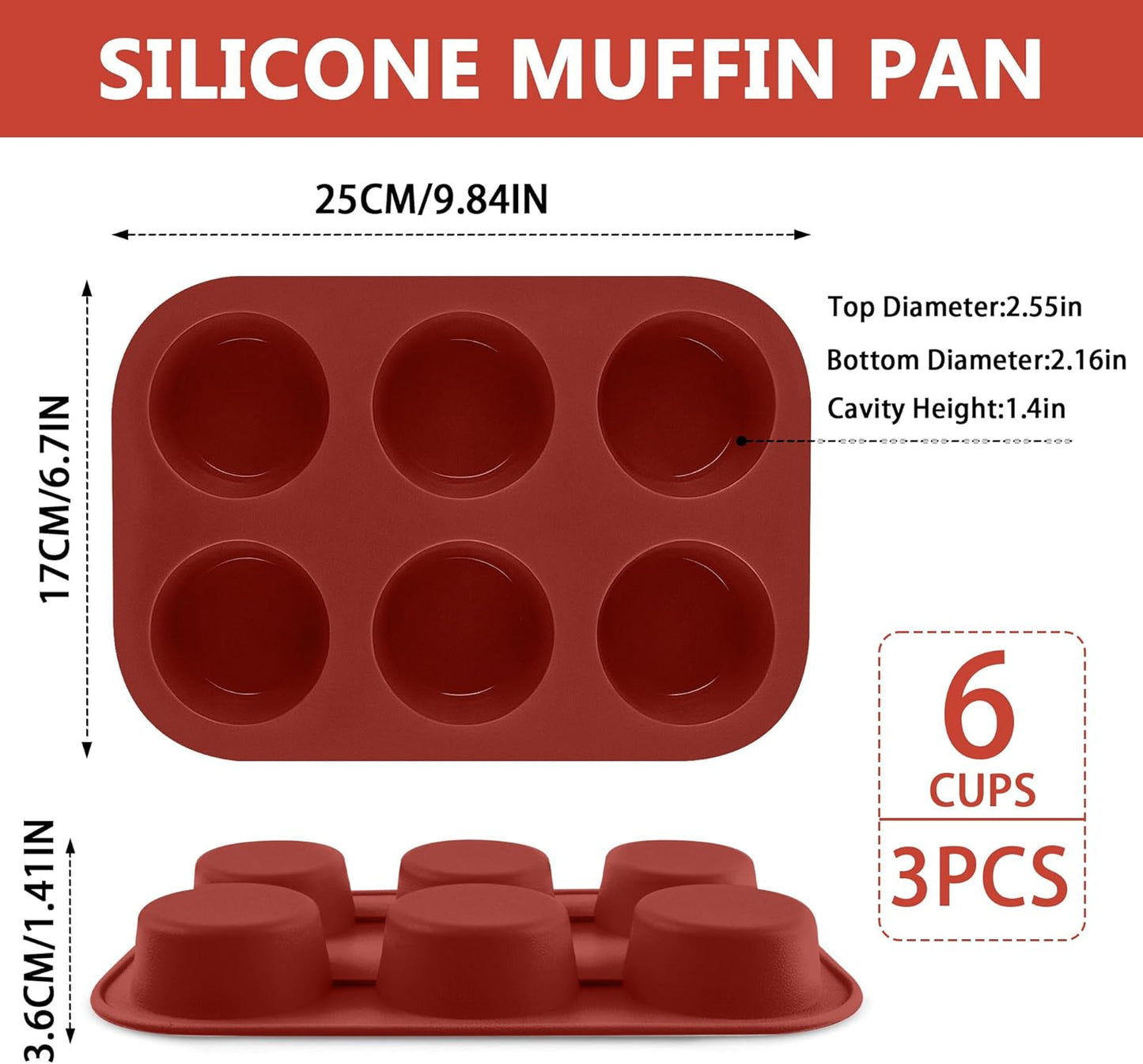 3-Pack 6-Cup Silicone Muffin Pans, Nonstick Cupcake Baking Molds, BPA/PFA-Free, Dishwasher & Oven Safe - Brown