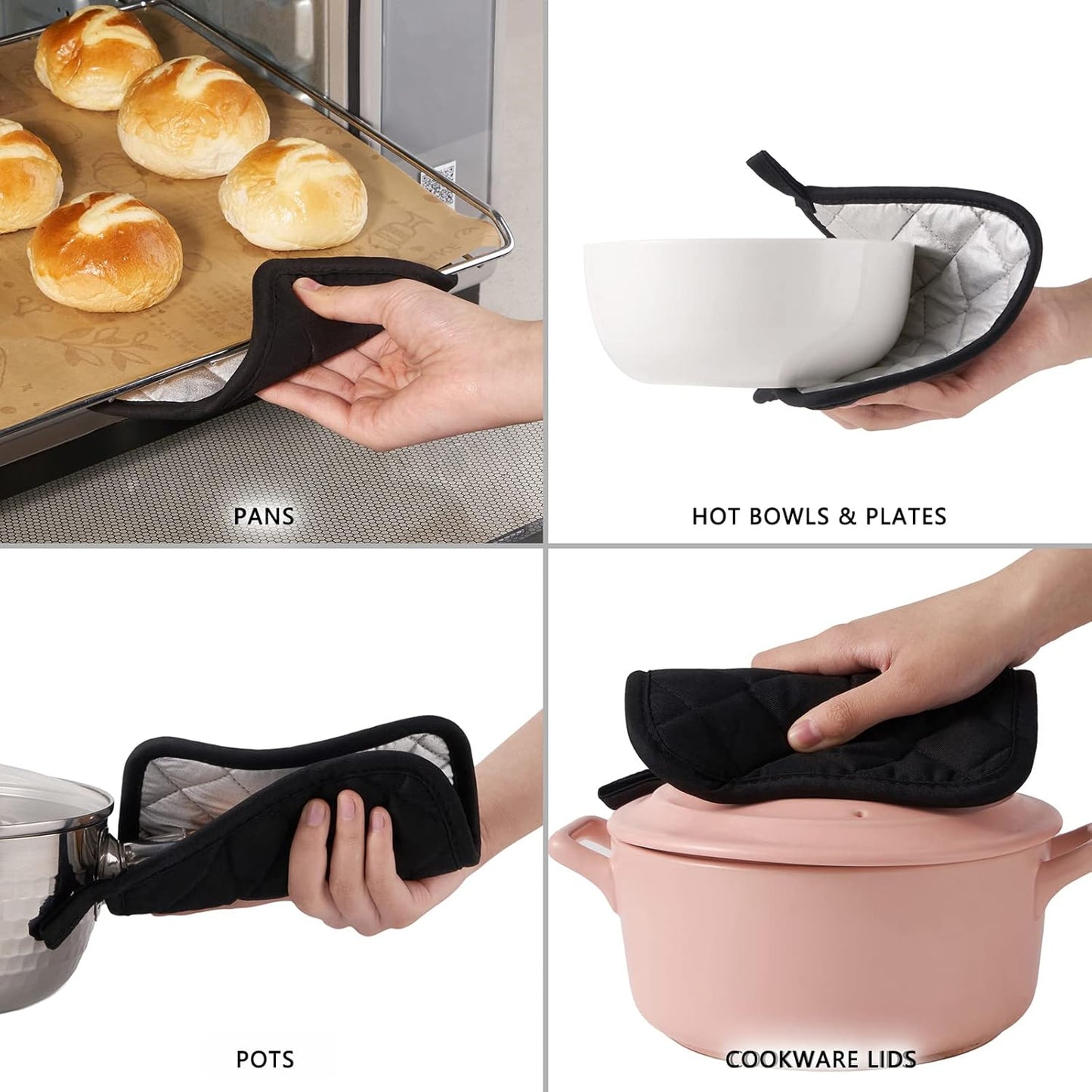 Kitchen Pot Holders Set Heat Resistant Pure Cotton Potholders Kit Trivets Large Coasters Hot Pads Terry Pot Holders for Everyday Cooking and Baking by 7 x 7 Inch Set of 6 Black