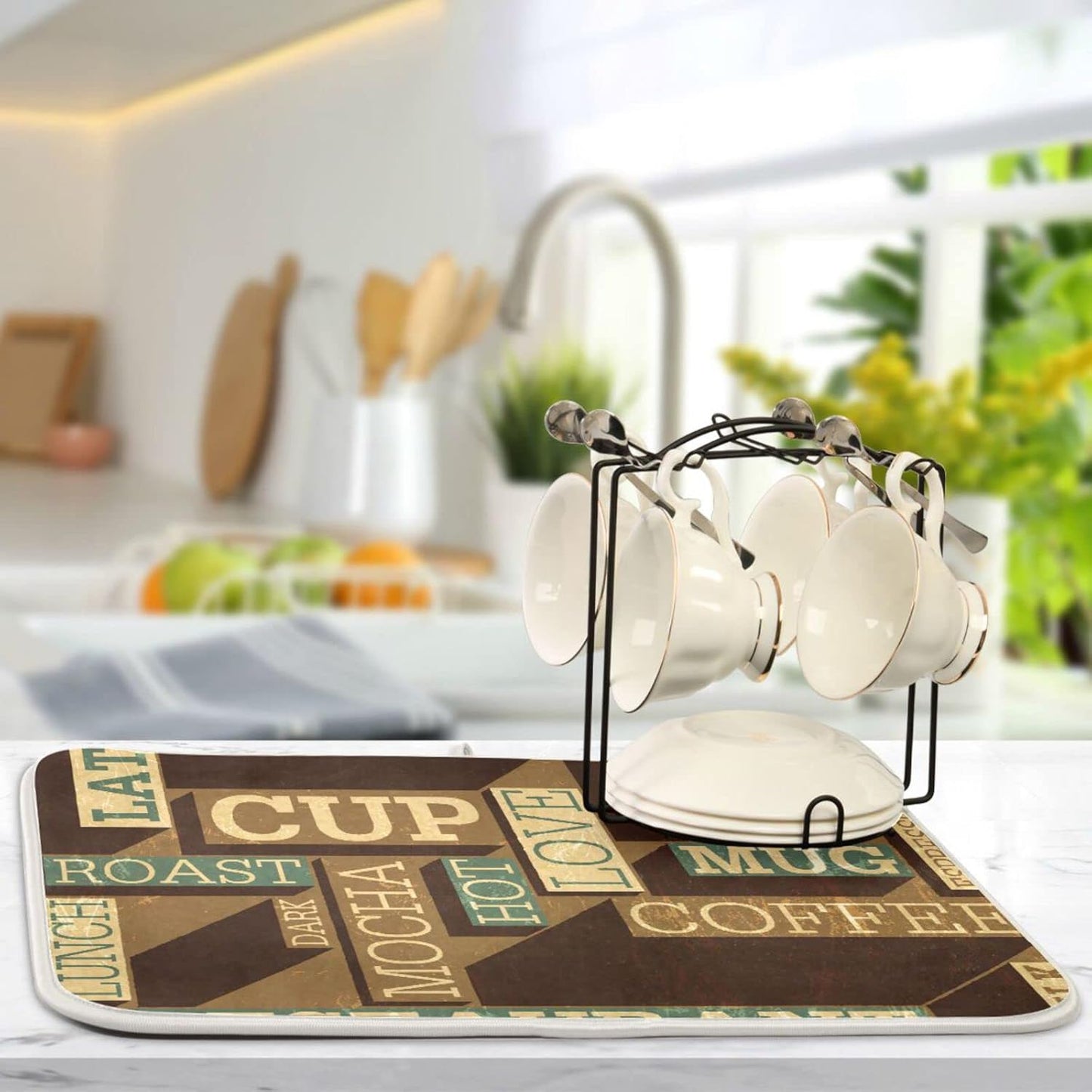 senya Super Absorbent Dish Drying Mat, Microfiber Fast-Drying 16'' x 18'', Kitchen Pad, Coffee Themed Seamless Retro