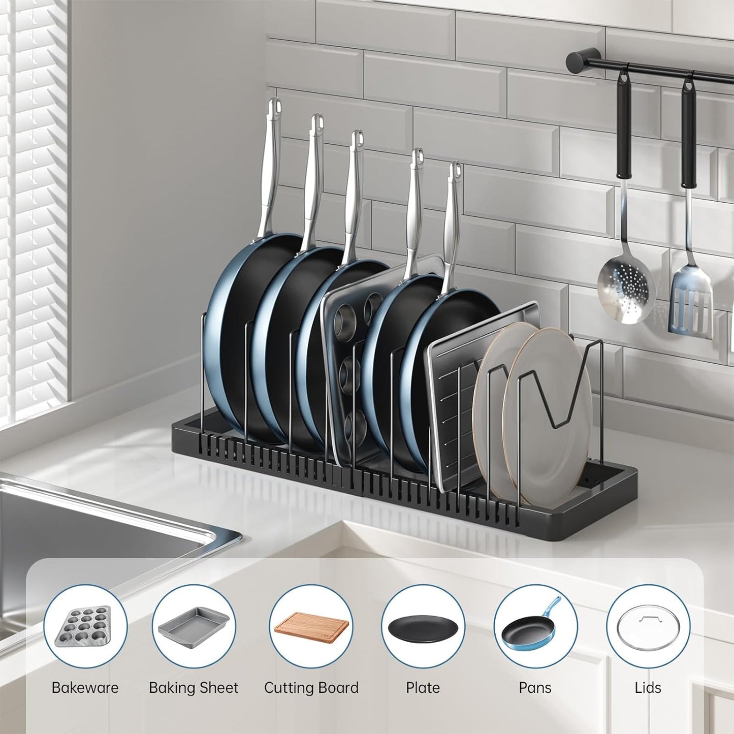 Pots and Pans Organizer under Cabinet, Expandable Pot Lid Organizer Holder with 10 Adjustable Compartment, Pan Organizers inside Cabinet for Lids, Bakeware, Kitchen Storage Pot Rack, Black