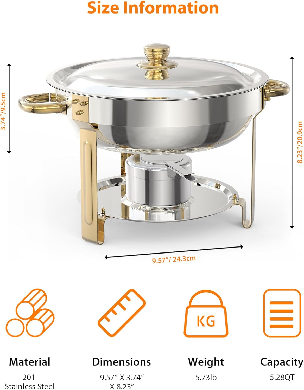 5QT 6 Packs Chafing Dish Buffet Set, NSF Round Stainless Steel Chafers and Warmers Food Servers Sets with Lid & Lid Holder, Spoon & Tweezer for Catering Events Parties Weddings Dinners, Gold