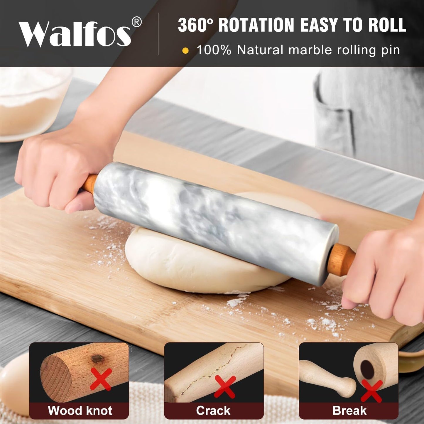 Walfos Marble Rolling Pin With Wooden Handles & Wood Cradle, 16.5 Inch Marble Rolling Pins For Making Pizza Dough And Tortillas, Dough Roller For Pie Crust, Cookie, Pasta (Gray & White)