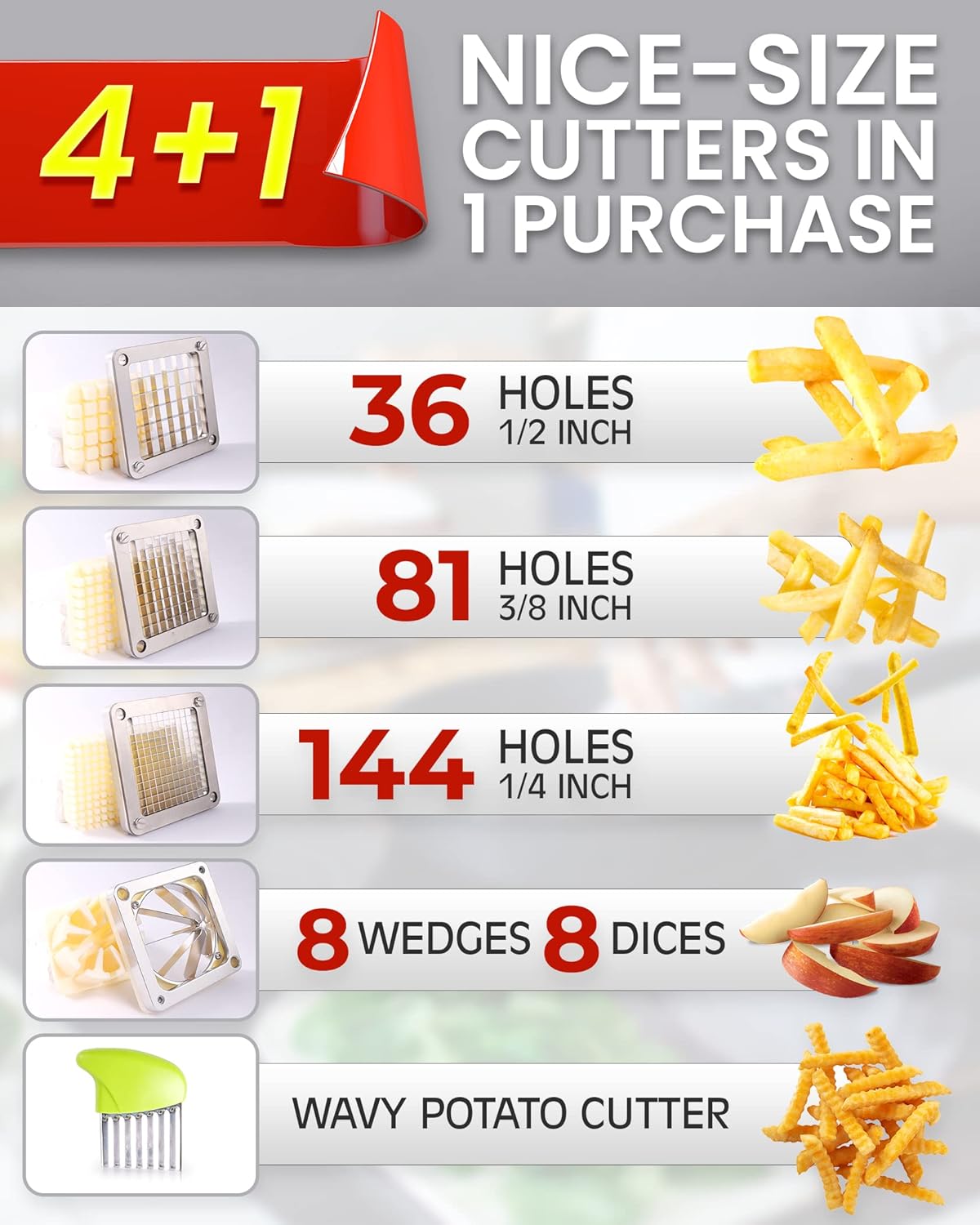 French Fry Cutter Commercial Potato Chopper Stainless Steel Vegetable Dicer Fruit Slicer for Onion,Cabbage,Carrots,Potato,Mushroom,with 4 Blades(1/4",3/8",1/2",8 wedge slice)