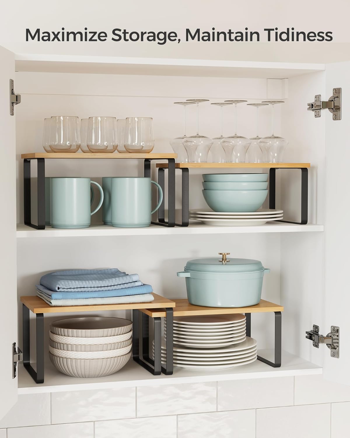 SONGMICS Cabinet Organizer Shelf, Set of 2 Kitchen Counter Shelves, Kitchen Storage, Spice Rack, Stackable, Expandable, Metal and Engineered Wood, Ink Black and Natural Beige UKCS02NB