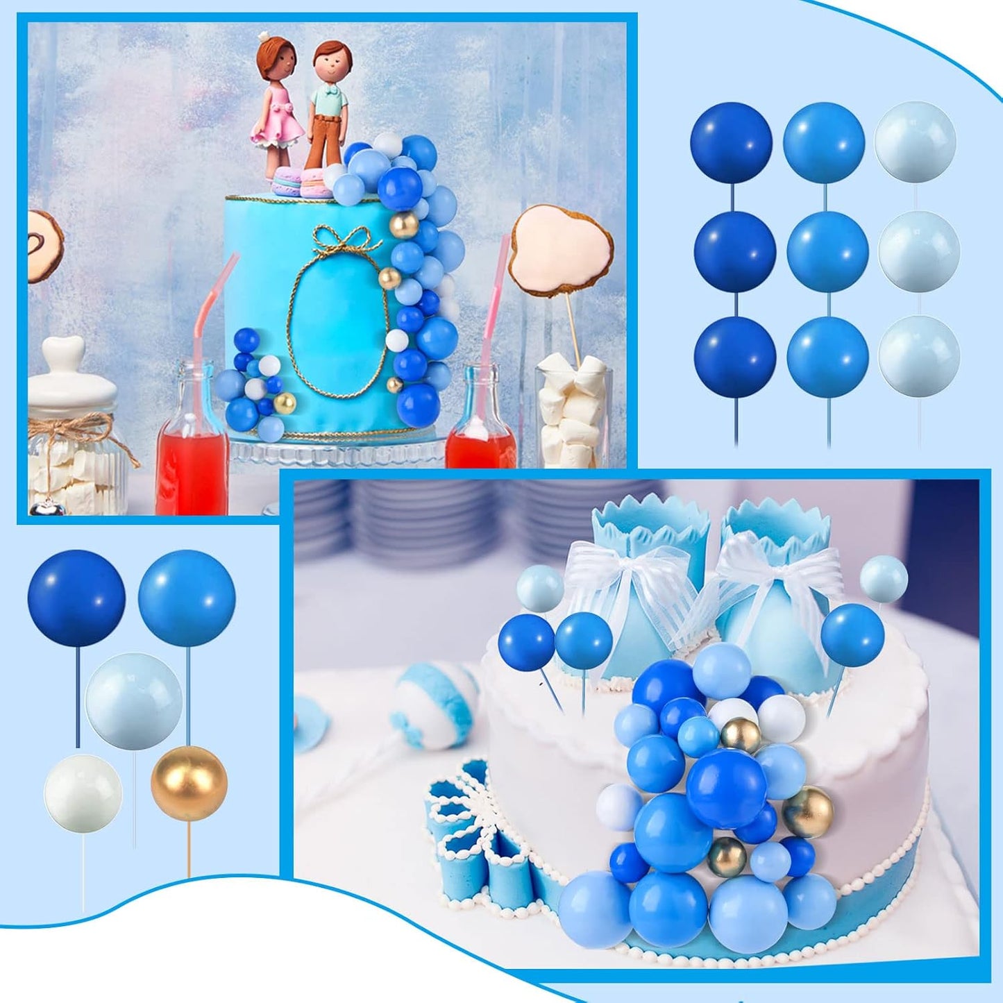 108 Pcs Balls Cake Topper DIY Cupcake Insert Foam Balloons for Cake Baking Wedding Anniversary Birthday Decoration(Assorted Blue, White, Gold,Multi Sizes)