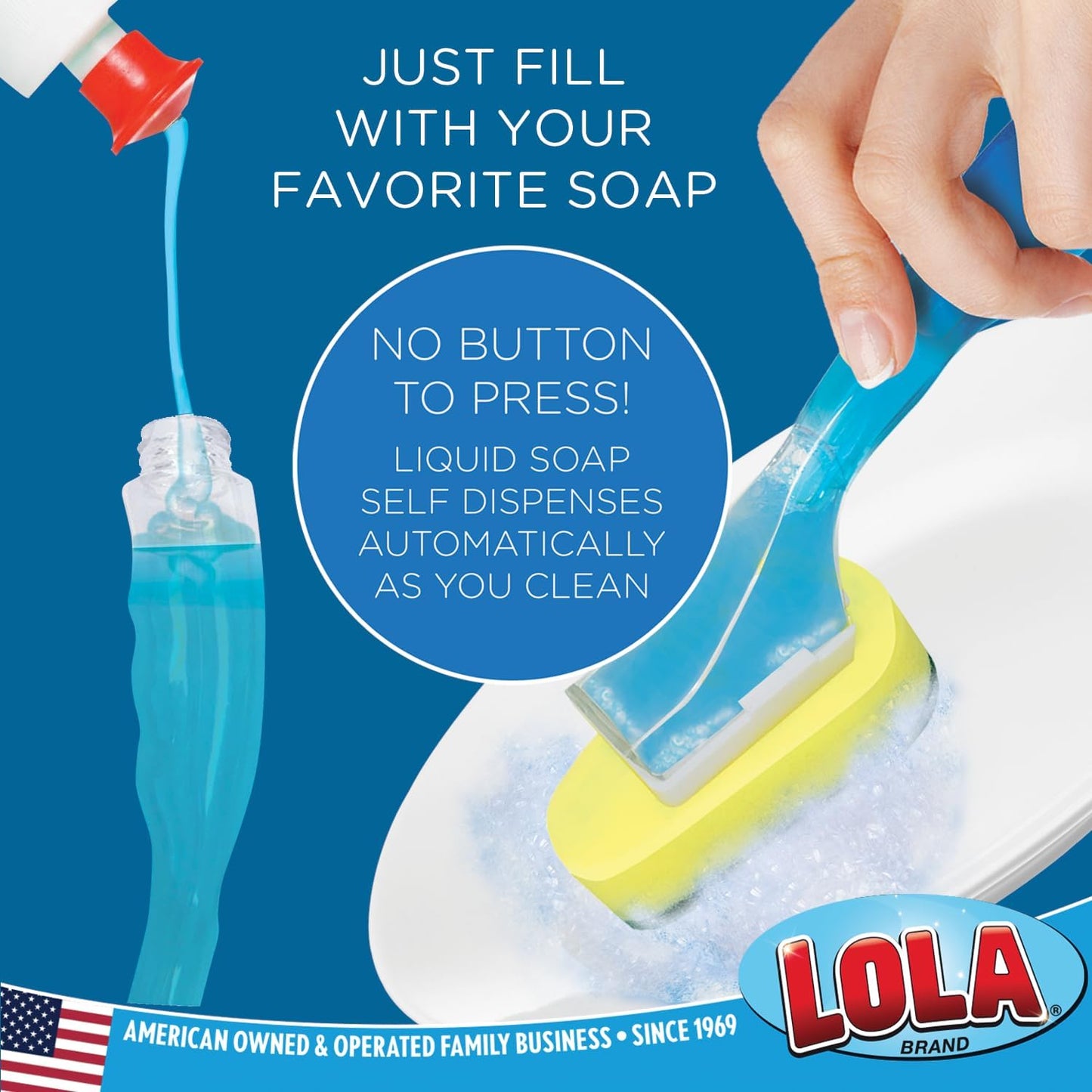 LOLA Dish Brush w/Soap Dispenser Wand, 1 Brush w/Head & 6 Refills, Absorbent Sponge Scrubber, No Leaking. Clean Dishes, Sinks and Cookware