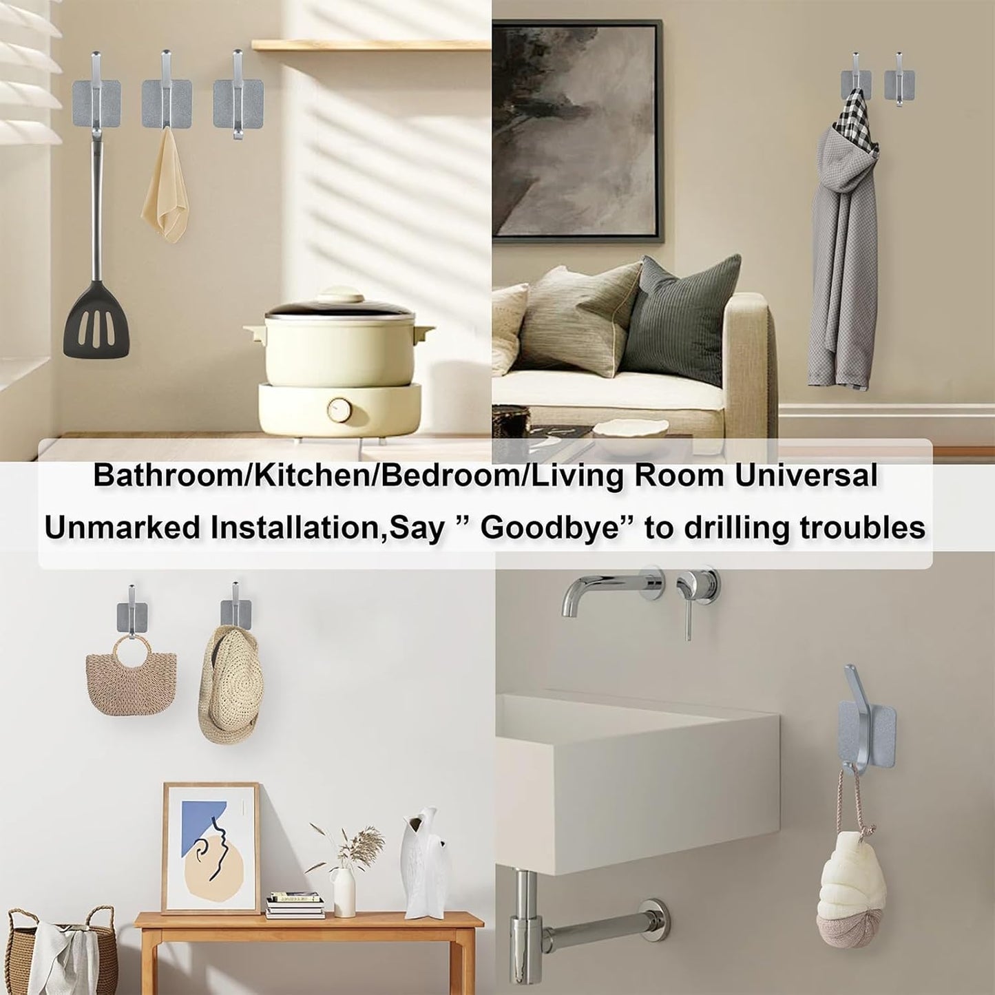 Aluminum Wall Hooks, No Drill Damage-Free Adhesive Hook, Product for Hanging Heavy Duty for Bathroom Kitchen Home (Double Square Sliver Hook, 4)