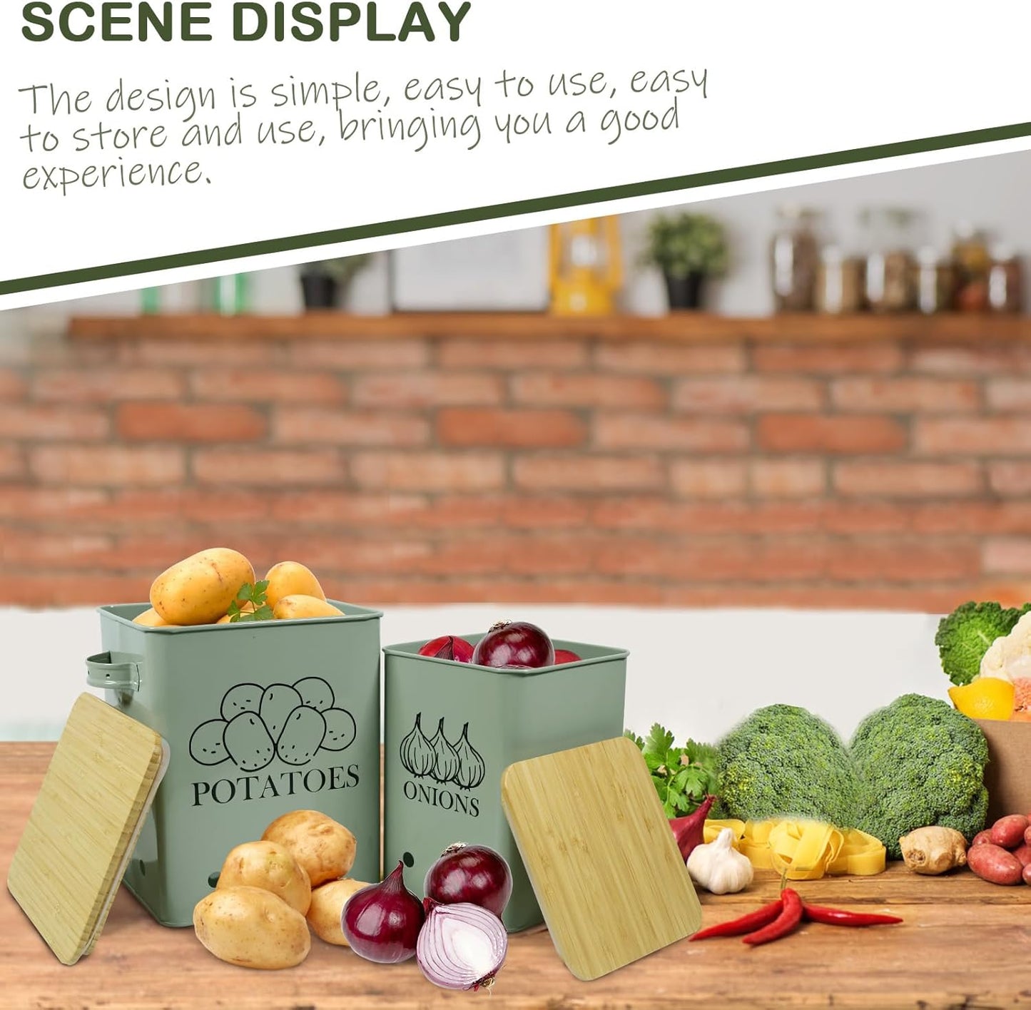 Kitchen Vegetable Storage Tins Set of 2 for Potatoes, Onion, with wooden lid Garlic Bin Caddy, Long Shelf Life-Grayish Green