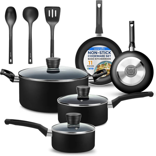 SereneLife Kitchenware Pots & Pans Basic Kitchen Cookware, Black Non-Stick Coating Inside, Heat Resistant Lacquer (11-Piece Set), One Size, Black