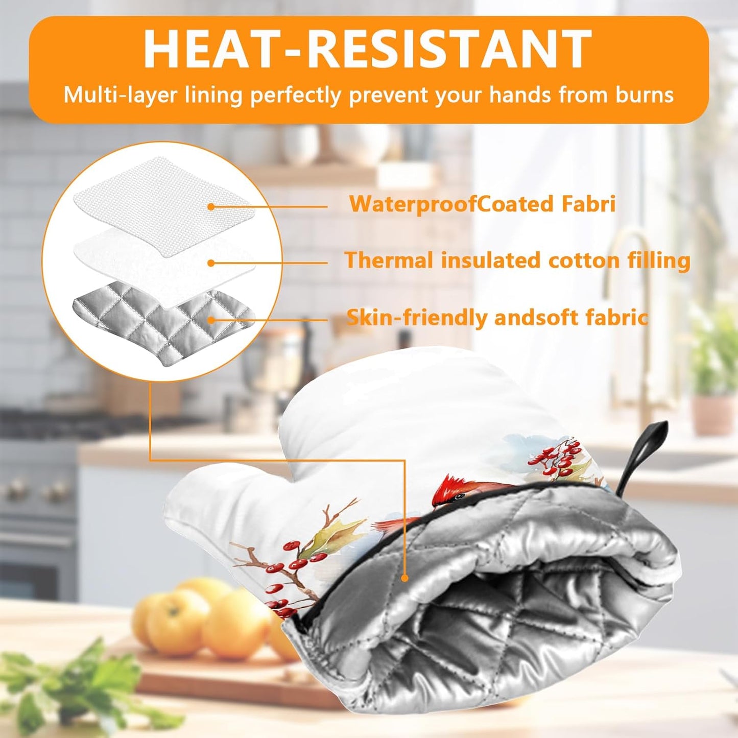 Red Cardinal Birds Oven Mitts and Pot Holders Sets 4Pcs,Extra Long Oven Gloves Potholder for Kitchen Cooking Baking BBQ 100% Cotton Heat Resistant