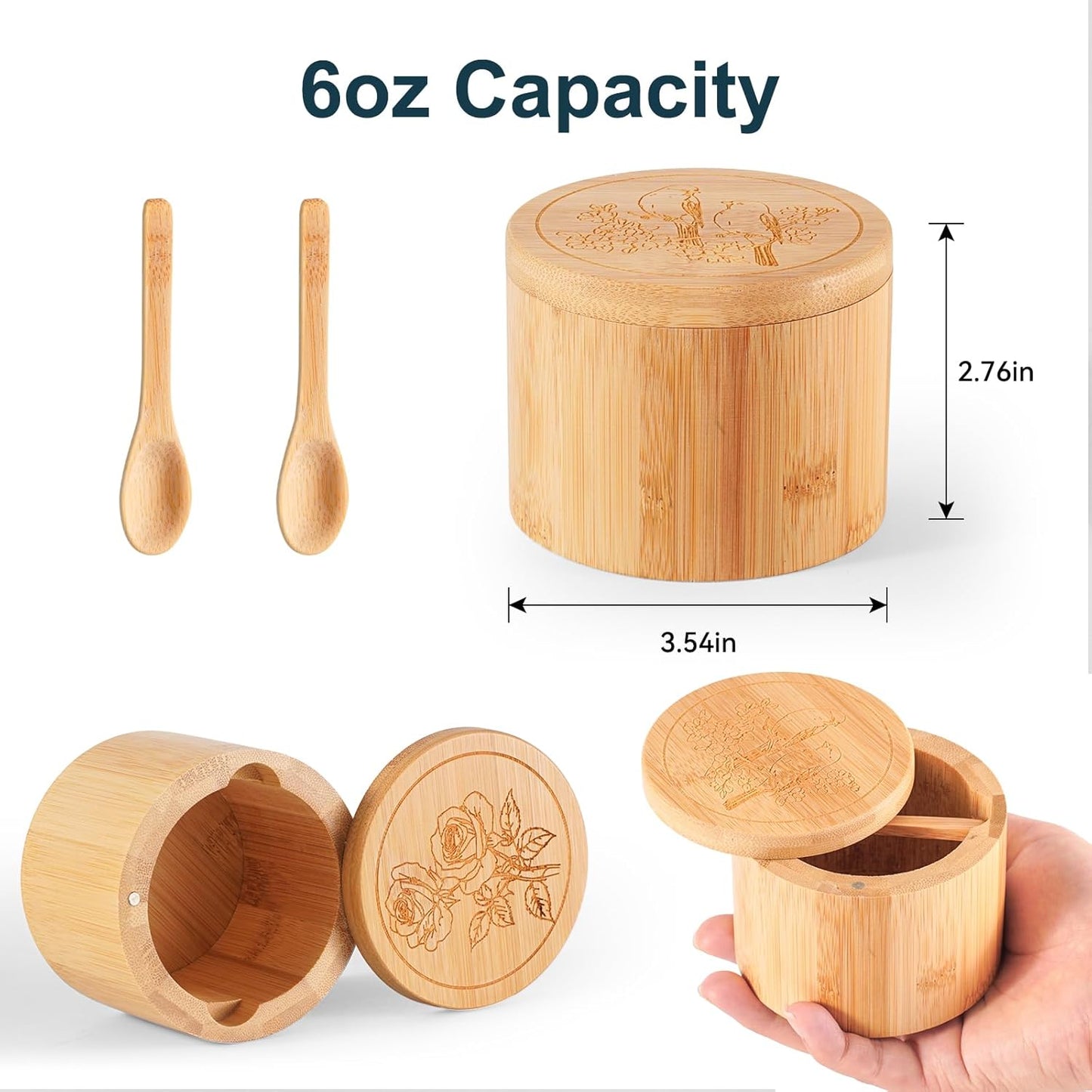 Salt Cellar, 2PCS Salt Container Bamboo Salt and Pepper Box for Countertop with Built-in Spoon & Swivel Lid, Spice Seasoning Storage Bowl, Elegant Salt Holder (Rose & Bird Engraving)