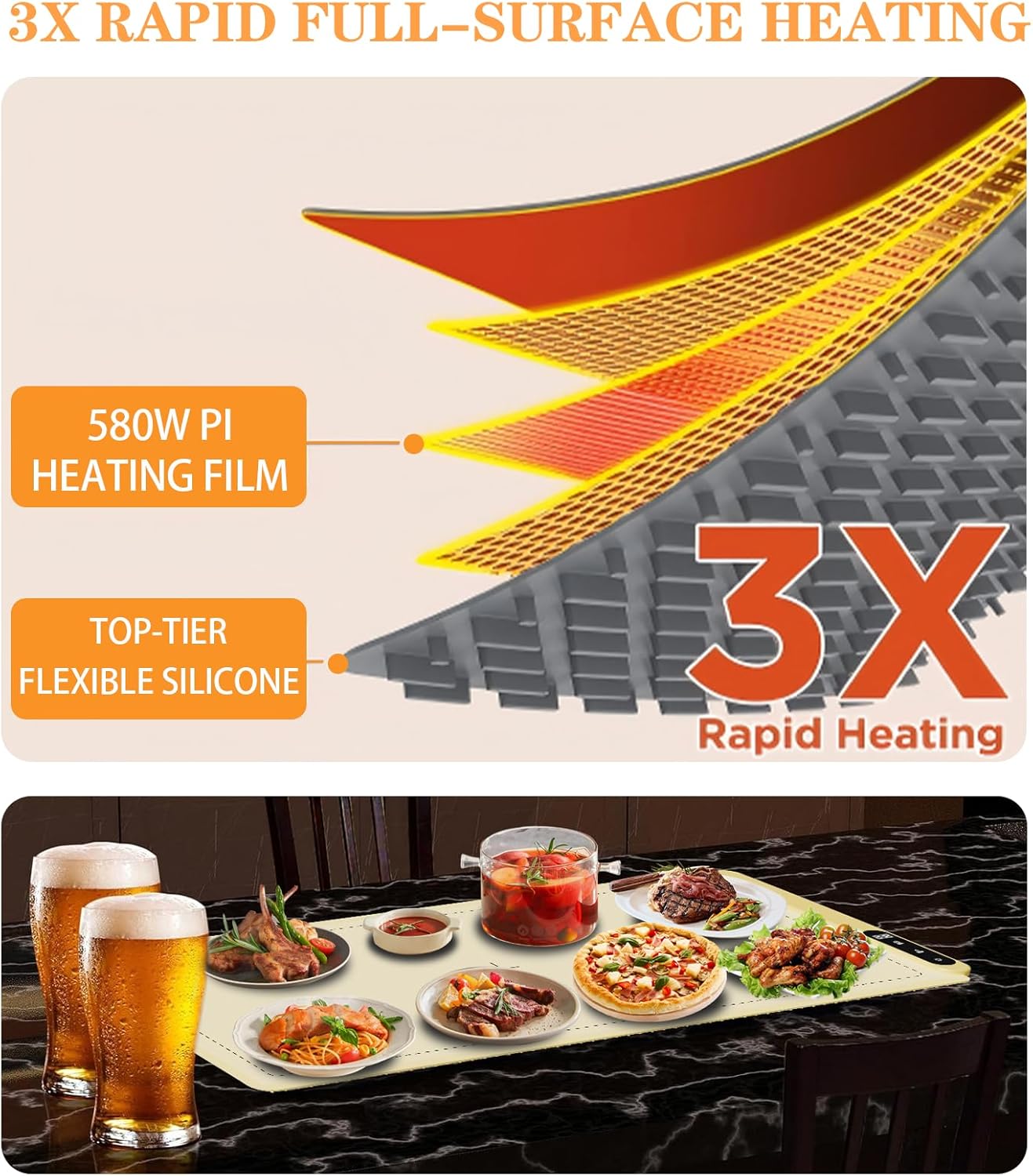 Extra Large 36''X18'' Warming Mat for Party and Families - Upgrade Graphene Fast Heating Electric Warming Tray for Buffet Daily Use, Portable Roll Up Silicone Food Warmer with 6 Temp-Settings