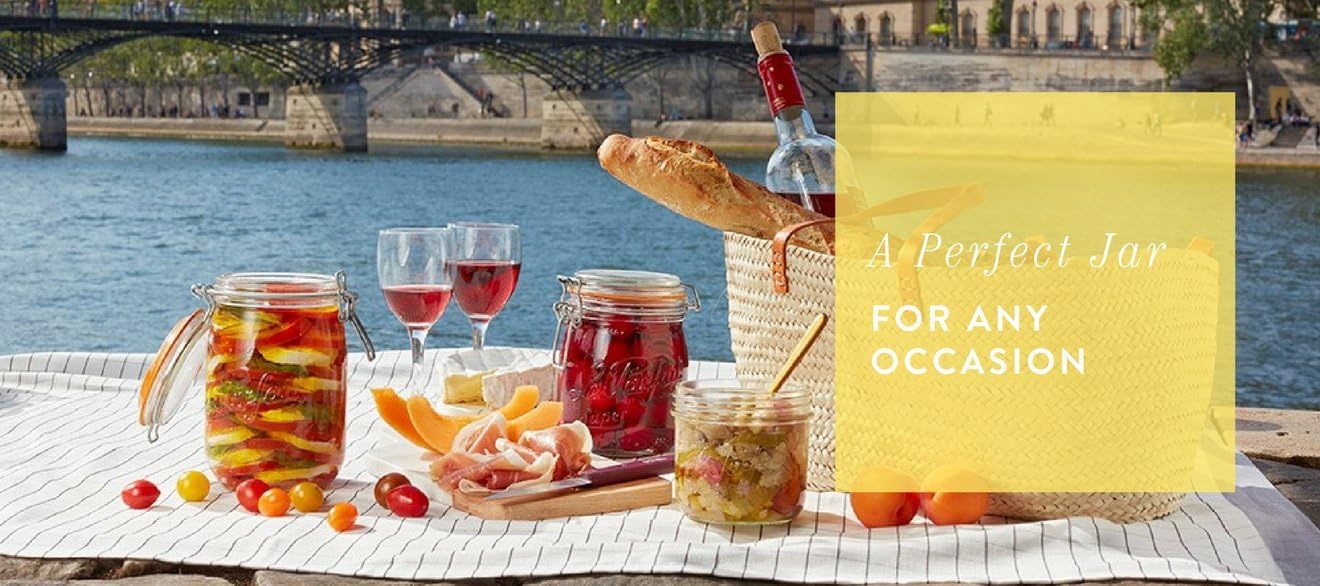 Le Parfait Super Jar, Canning Jars, 1L French Glass Canning Jar w/Round Body, Glass Jars With Airtight Lid, Canning Jars Wide Mouth, Glass Jar With Lid, Clear Jars, Clear Glass Jars (32oz/Quart, 4 pk)