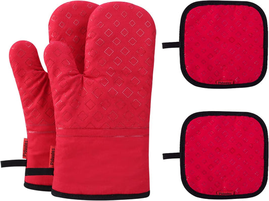 Set of 4 Oven Mitts and Pot Holders, 482 F Heat Resistant Hot Plate Moving Non-Slip Gloves for BBQ, Grill, Baking, Cooking, Oven, Microwave (Red)