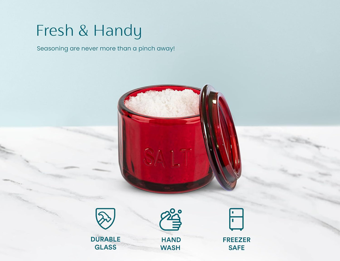 KooK Glass Salt Cellar, with Lid, Embossed Pressed Glass, Clear Storage Container, for Coffee, Sugar, Spices and Candies, 10 oz (Ruby Red)