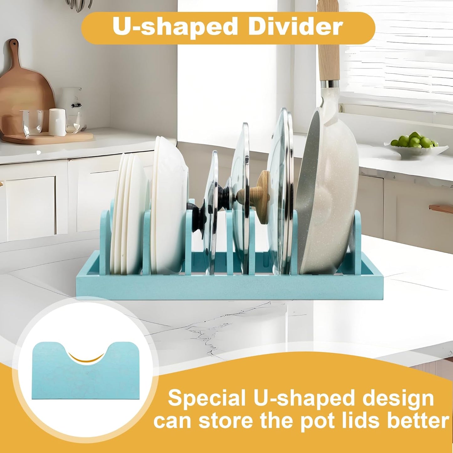 MinBoo Bamboo Pot Lid Organizer Pot Lid Holder, Pot and Pan Organizer Drawer Organizer for Pot Lids, Pans, Dinner Plates, Reusable Containers in Cabinet Storage,Blue