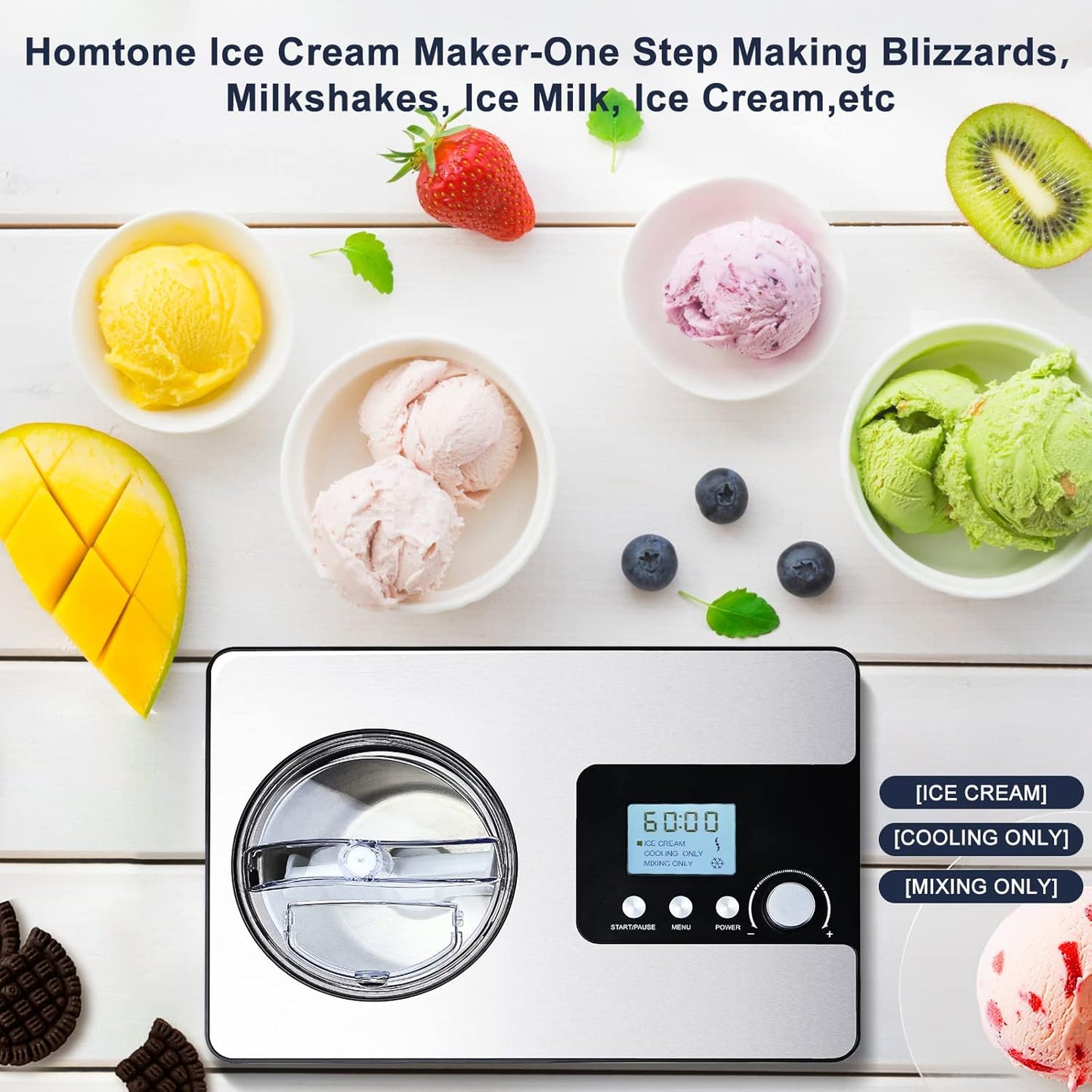 Homtone Ice Cream Maker, No pre-Freezing Automatic Ice Cream Machine 2.1 Quart with Built-in Compressor and LCD Timer for Making Ice Cream,Gelato in 30-60 min