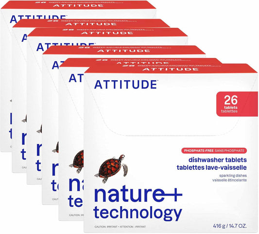 ATTITUDE Dishwasher Pods, Plant-Based & Vegan, Phosphate-Free Detergent Tablets, Naturally Derived, Unscented, 26 Count (Pack of 6)