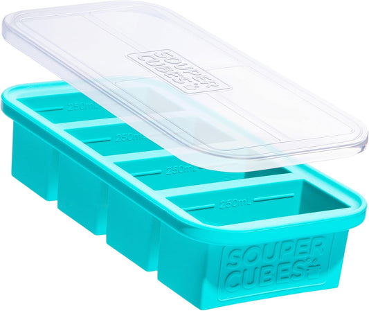 Souper Cubes 1 Cup Silicone Freezer Molds - Soup Cubes Perfect for Freezing Broth, Rice, Leftovers and More - Silicone Freezer Trays with Lids for Meal Prep - Aqua - 1-Pack
