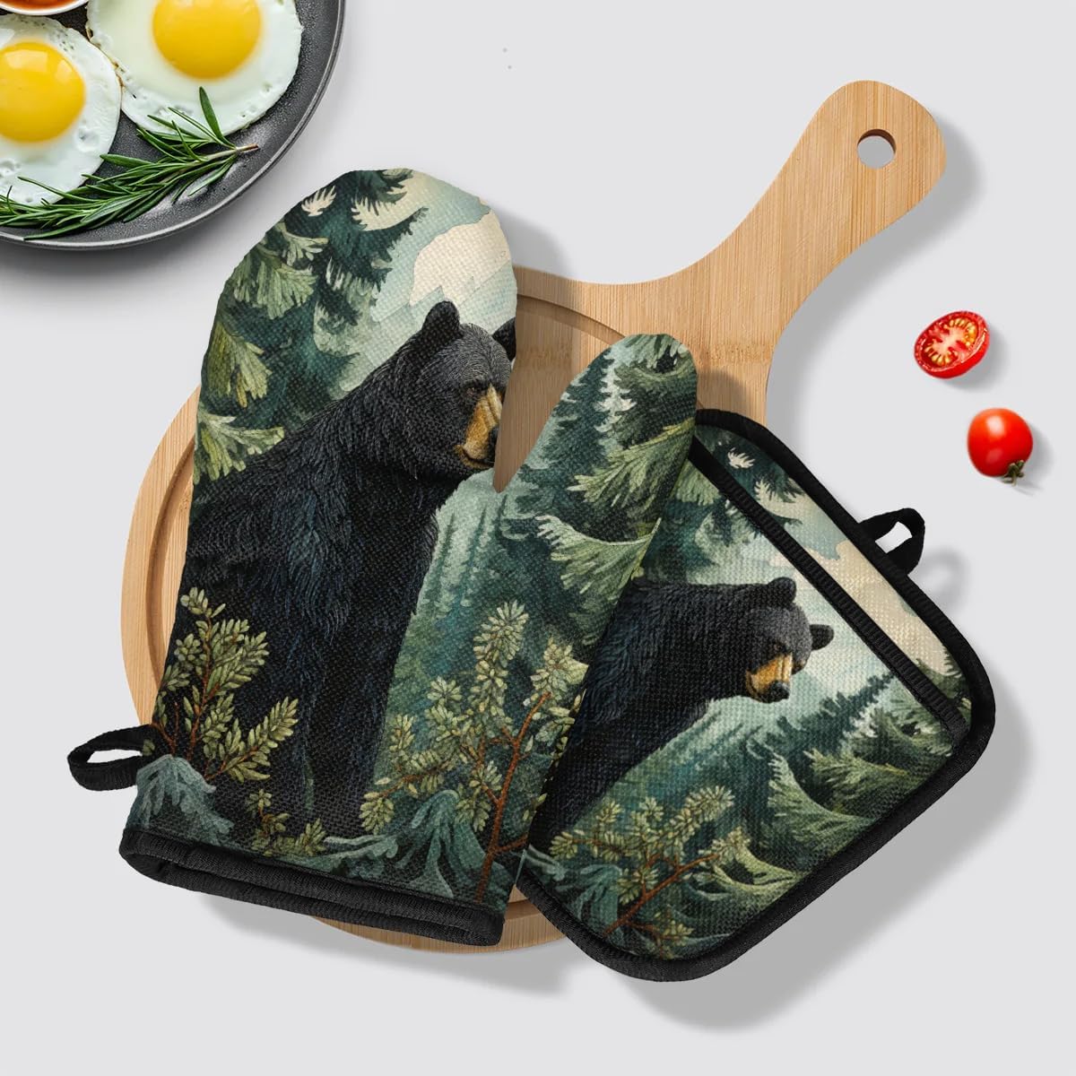 Black Bear Forest Wild Animals Oven Mitts and Pot Holders Sets, 2 Pcs Decorative Kitchen Oven Glove for Cooking