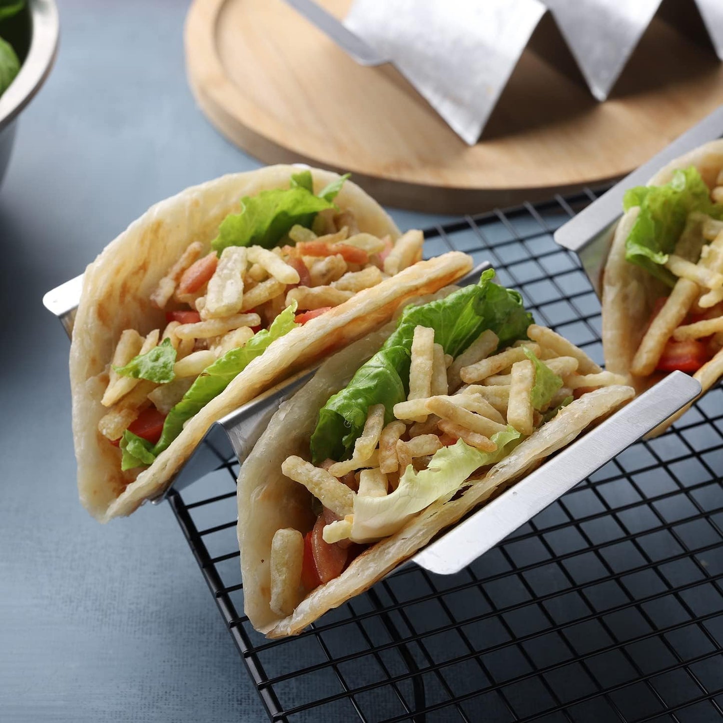 Taco Holder Set of 4 Packs Stainless Steel Taco Holders Stand Taco Tray Shell Holders - Each Rack Holds Up to 2 Tacos - Oven, Grill & Dishwasher Safe