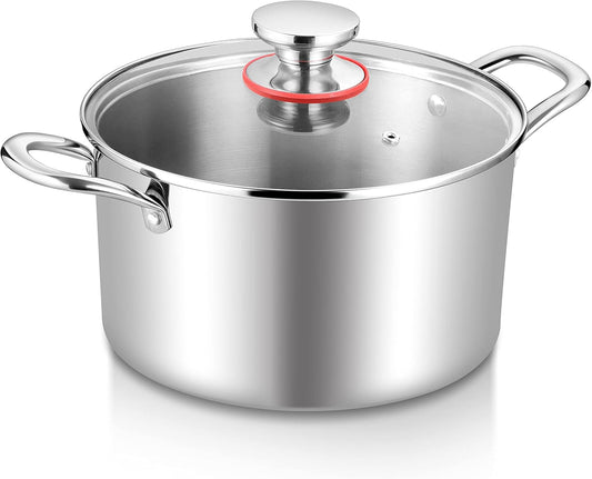 TeamFar 4.5 Quart Stock Pot, Stainless Steel Tri-Ply Cooking Pasta Soup Pot with See-Through Lid for Induction/Electric/Gas/Ceramic, Healthy & Heavy Duty, Ergonomic Handle & Dishwasher Safe