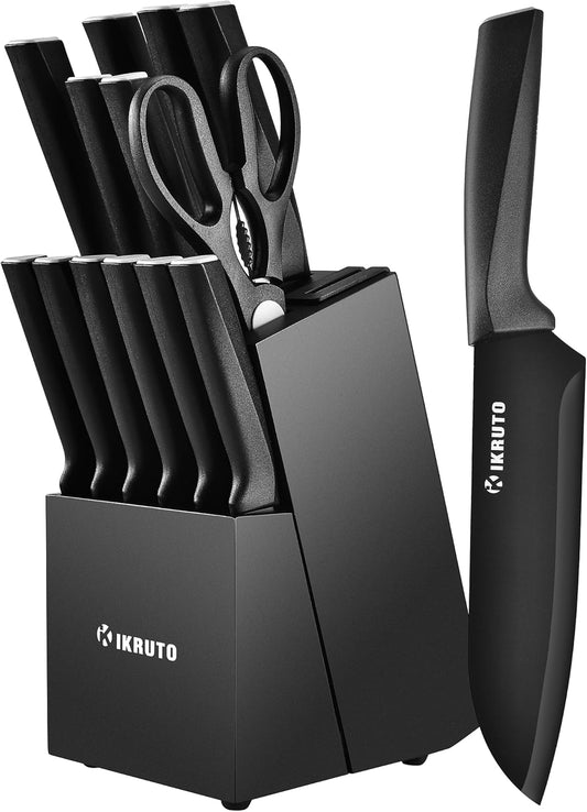 15-Piece Kitchen Knife Set with Block – Chef Knives, Utility Knives, Steak Knives, and Built-In Sharpener (Black and Gray)