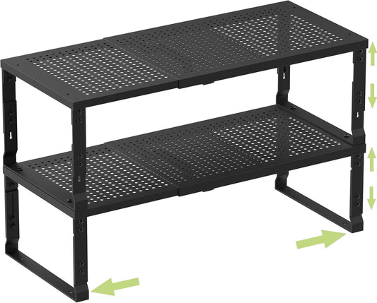 Heavy-Duty Adjustable Metal Shelf Organizer - Expandable & Stackable Pantry Storage Rack for Kitchen, Bathroom, RV, Cabinets(2 Packs/Black, Medium)