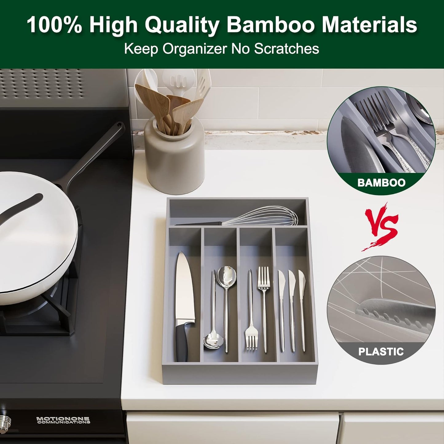 Bellsal Grey Utensil Organizer 10 Inch Silverware Tray for Drawer Utensil Holder Cutlery Organizer Kitchen Drawer Organizer 5 Compartment Small Narrow Bamboo