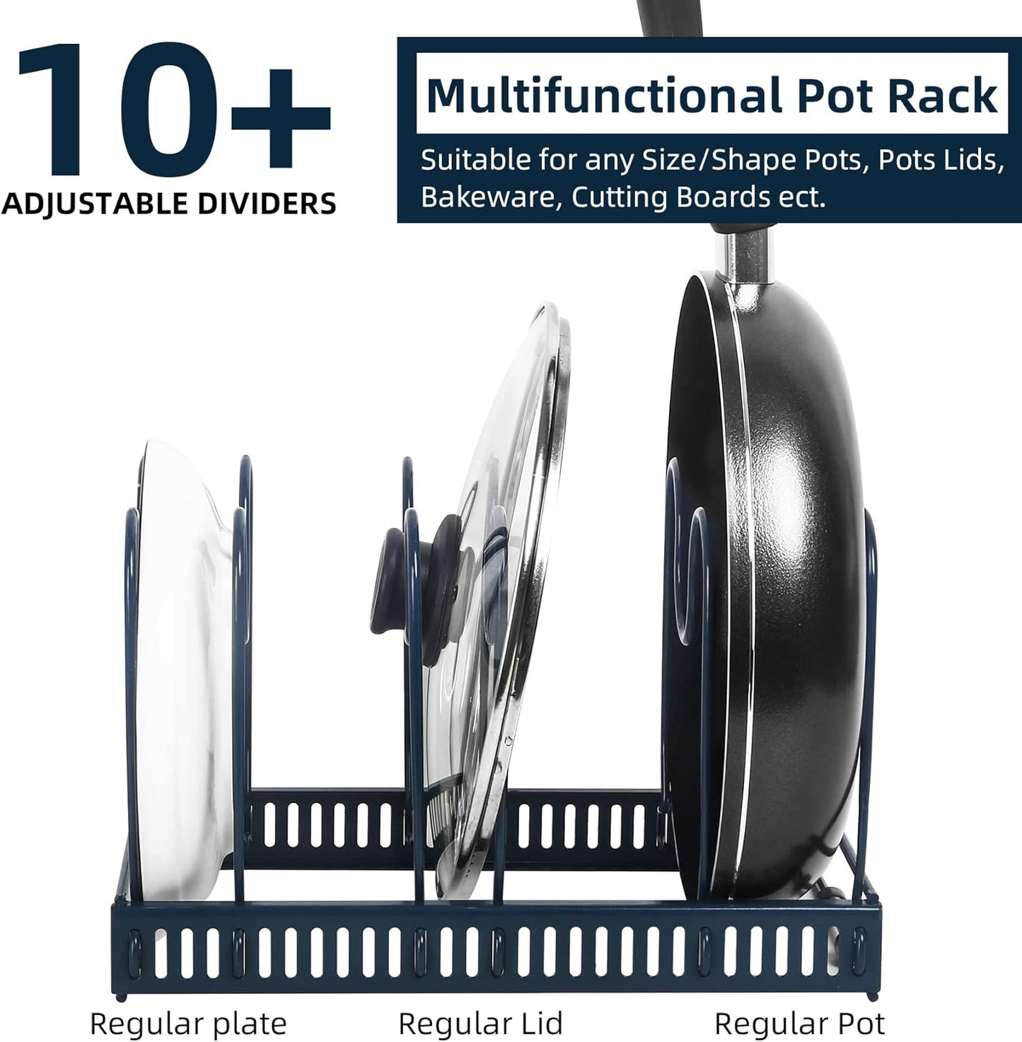 ROOHUA Expandable Pot and Pan Organizer - Cabinet Pot Lid Holder with 10 Adjustable Compartments for Cookware, Baking, Frying (Dark Blue, 10)