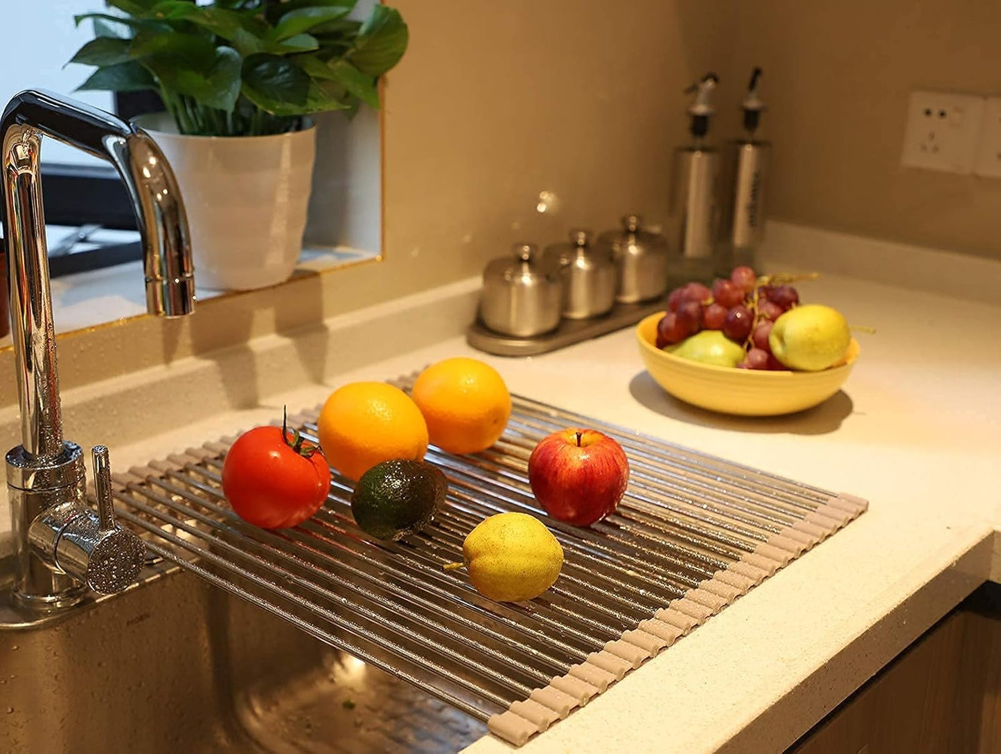 Ahyuan Roll up Dish Drying Rack Over The Sink Kitchen Roll up Sink Drying Rack Portable Dish Drainer Foldable Dish Drying Rack (Warm Gray, 17.8''X17'')