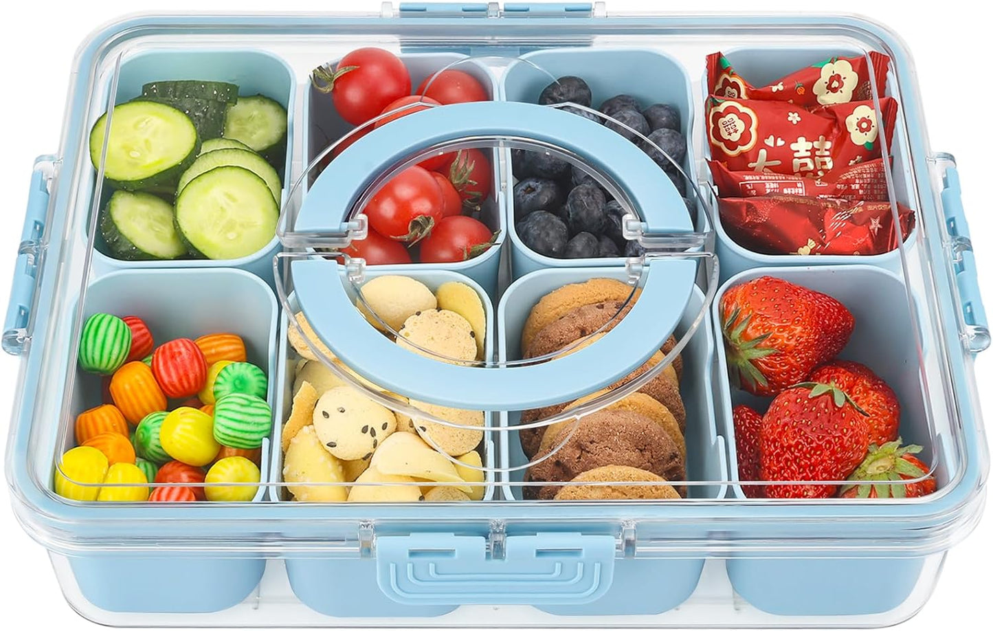 shopwithgreen Divided Serving Tray with Lid and Handle, Portable Snackle Box Charcuterie Container for Party, Veggies, Fruits, Nuts, Candy, Food Tray Platter Snack Box for Entertaining, Picnic, Blue