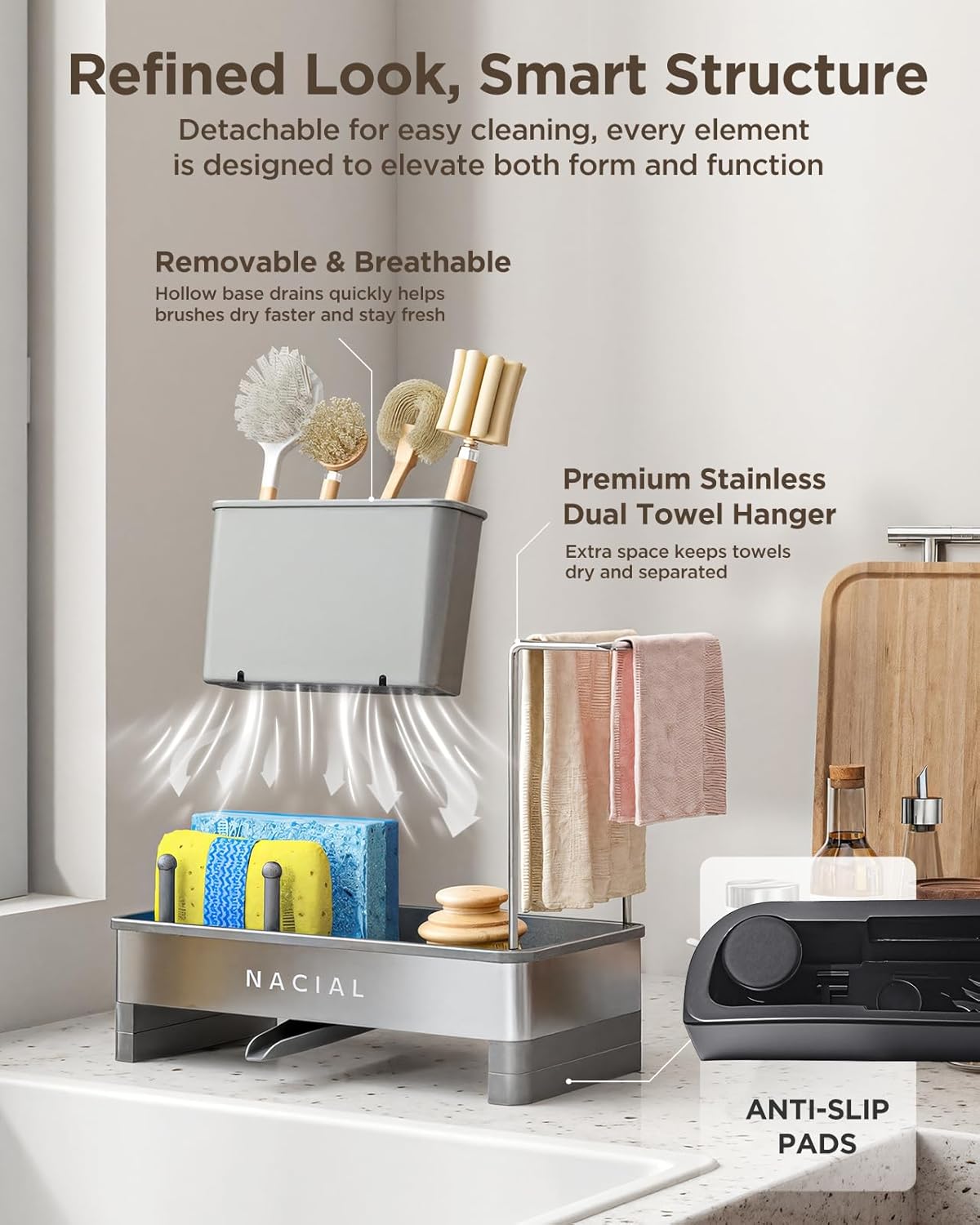 Nacial Sponge Holder for Kitchen Sink, Sink Caddy Organizer with High Brush Holder, Two Towel Racks & Soap Dispenser- Rustproof 304 Stainless Steel Kitchen Countertop Storage Essentials - Gris