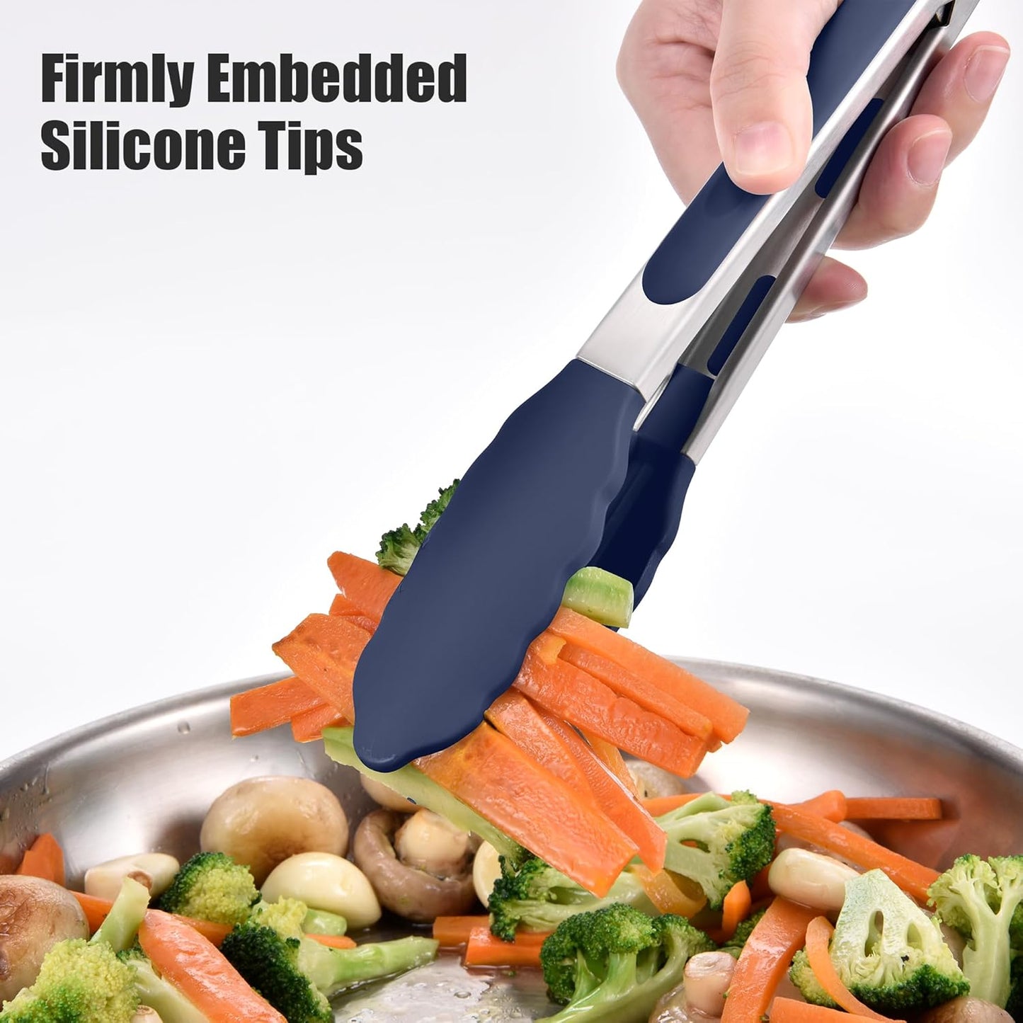Doosu Kitchen Tongs for Cooking - 600°F Heat Resistant Food Tong Set with Non-Scratch Silicone Tips, Heavy Duty Stainless Steel Locking Tong for BBQ, Grilling Steak, Serving (7+9+12in, Navy Blue)
