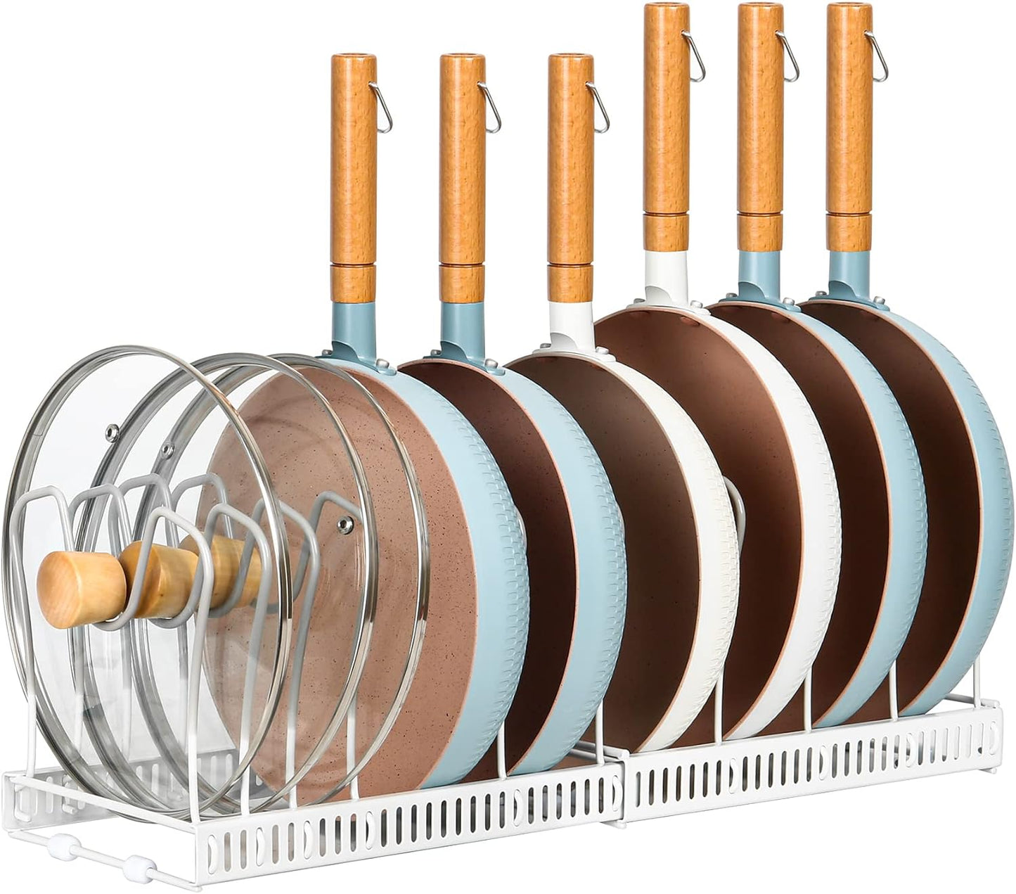 Expandable Pot & Pan Organizer - Cabinet Cookware Rack with 10 Adjustable Compartments & Pot Lid Holder